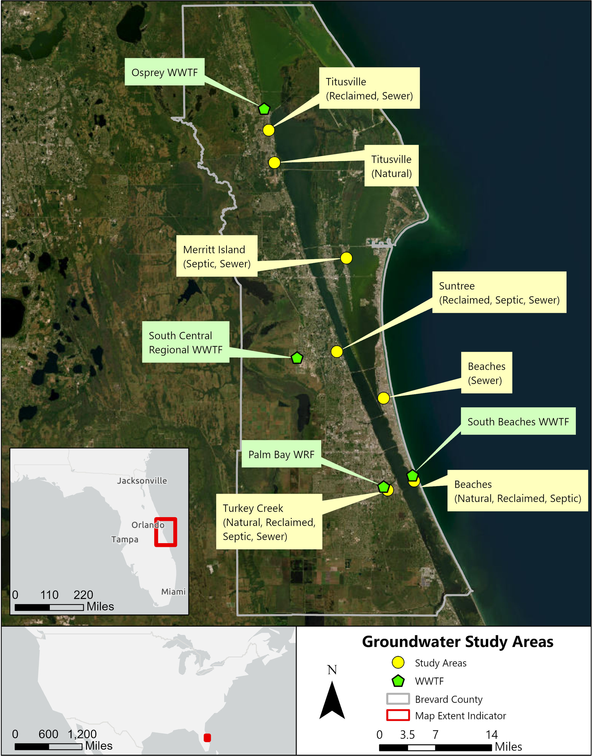 Map of Brevard County, Florida, showing groundwater study areas. Yellow circles mark study areas with treatments indicated in parentheses: Titusville (reclaimed, septic, sewer, natural), Merritt Island (septic, sewer), Suntree (reclaimed, septic, sewer), and Beaches (reclaimed, septic, sewer, natural). Green hexagons denote wastewater treatment facilities: Osprey, South Central Regional, South Beaches, and Palm Bay. Legend indicates study areas, facilities, and county boundaries, and provides distance scales. Insets show the county's position in Florida and the state on the U.S. map.