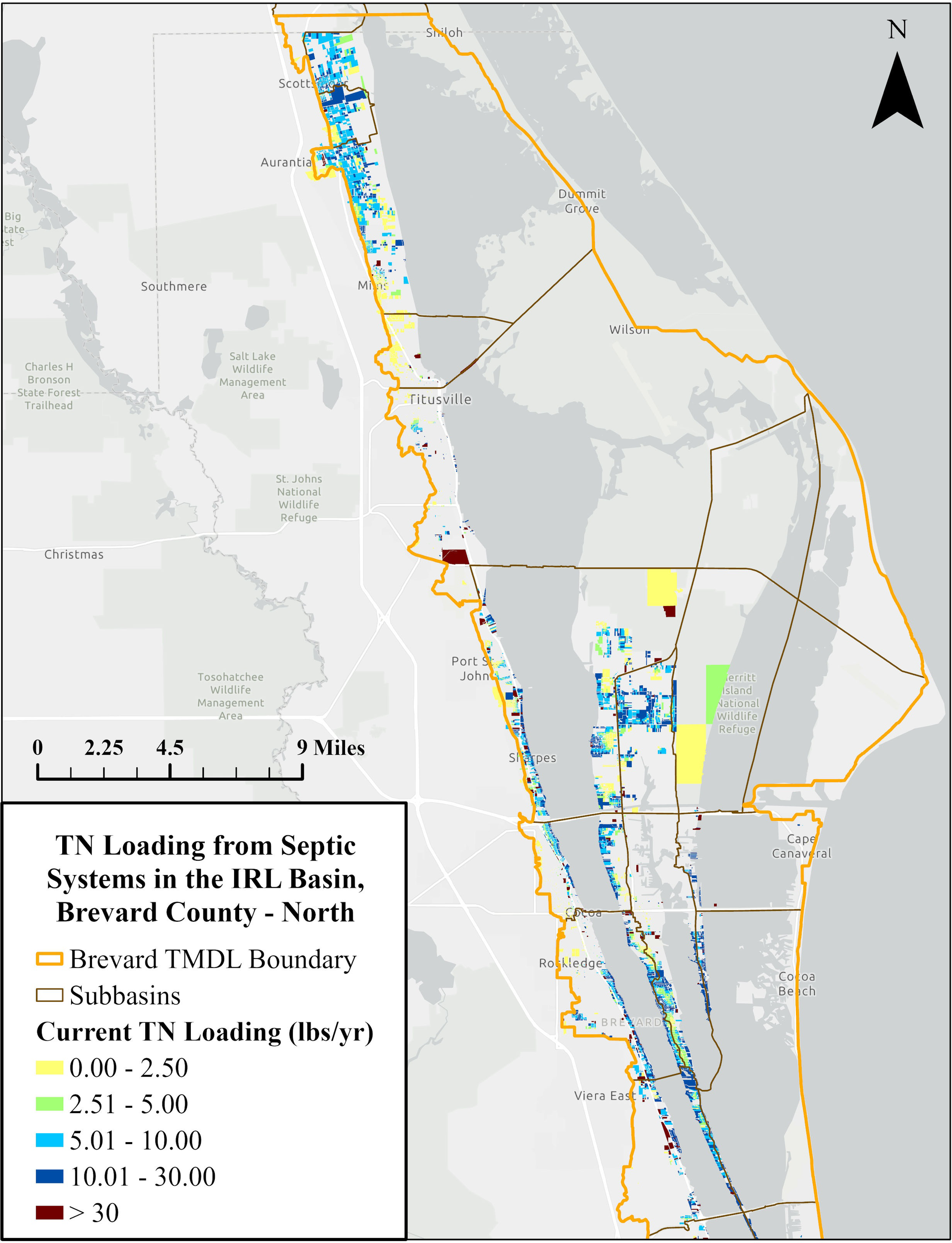 Map showing nitrogen loading from septic systems in Brevard County, Florida, specifically the northern region of the Indian River Lagoon Basin. The map displays areas with varying nitrogen levels, marked in different colors: green for 0.00 to 2.50 pounds per year, cyan for 2.51 to 5.00 pounds, blue for 5.01 to 10.00 pounds, light blue for 10.01 to 30.00 pounds, and red for over 30 pounds. Boundaries for Total Maximum Daily Load (TMDL) and subbasins are outlined, with a scale for distance provided.