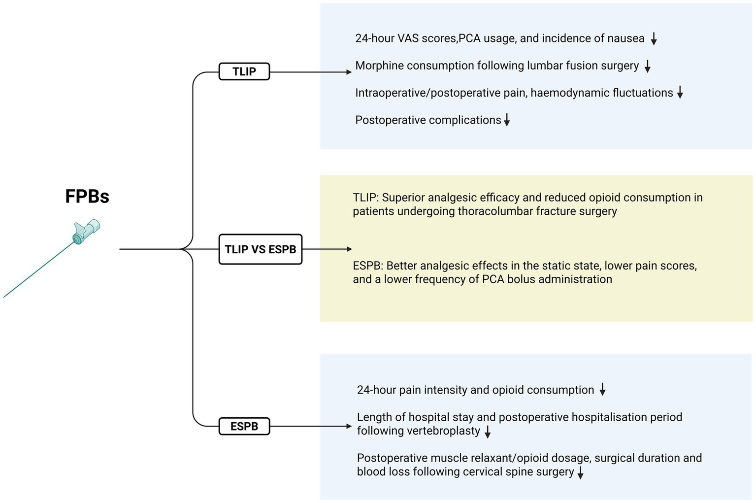 Flowchart comparing FPBs, showing TLIP and ESPB effects. TLIP reduces 24-hour VAS scores, morphine use, and complications post-lumbar fusion. TLIP vs. ESPB: TLIP controls visceral pain better; ESPB offers lower pain scores. ESPB reduces pain intensity, opioid use, hospital stay, and surgical complications.