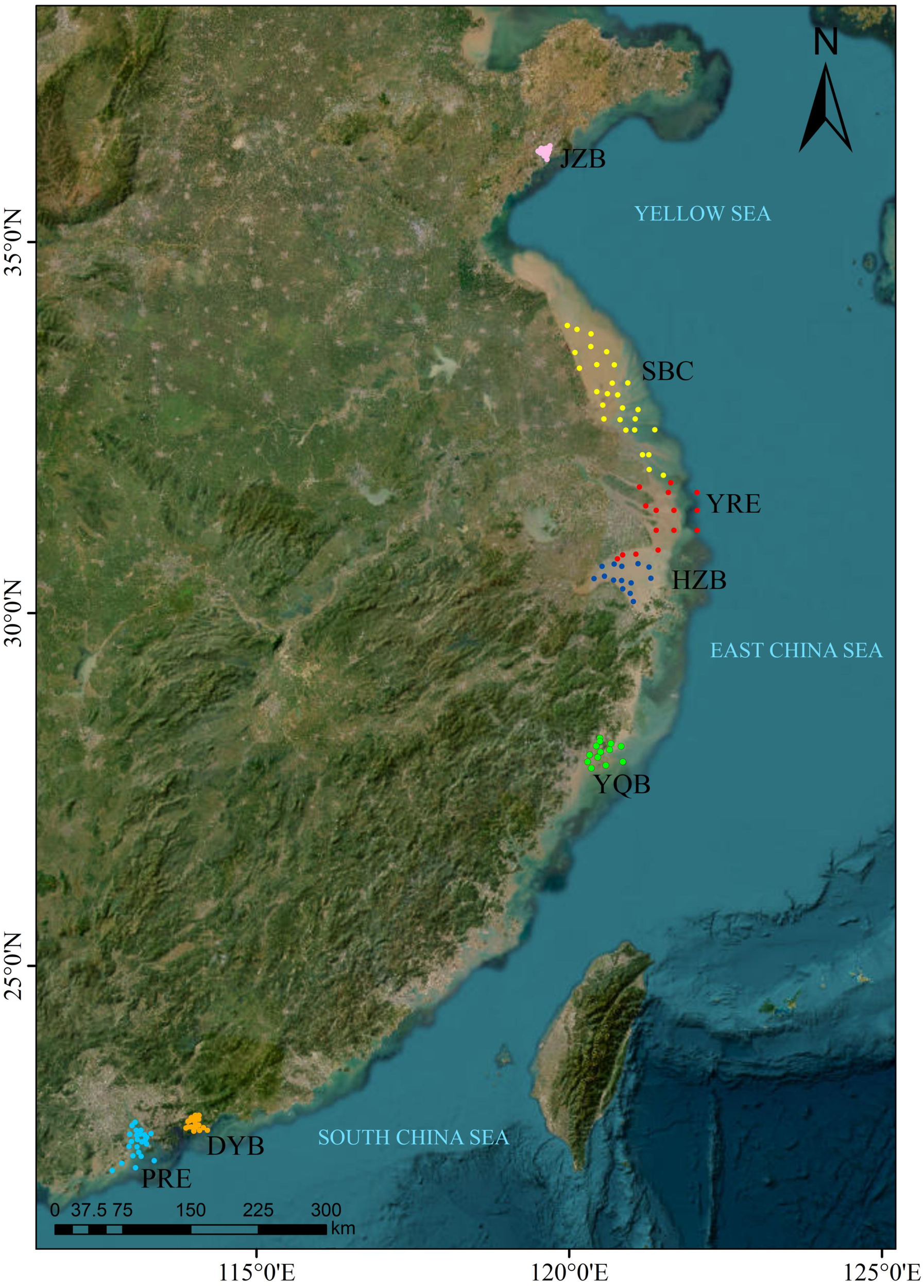 Map showing parts of East Asia, including the Yellow Sea and East China Sea, with locations labeled as JZB, SBC, YRE, HZB, YQB, DYB, and PRE. These locations are marked with colored dots, and a scale bar is included at the bottom.