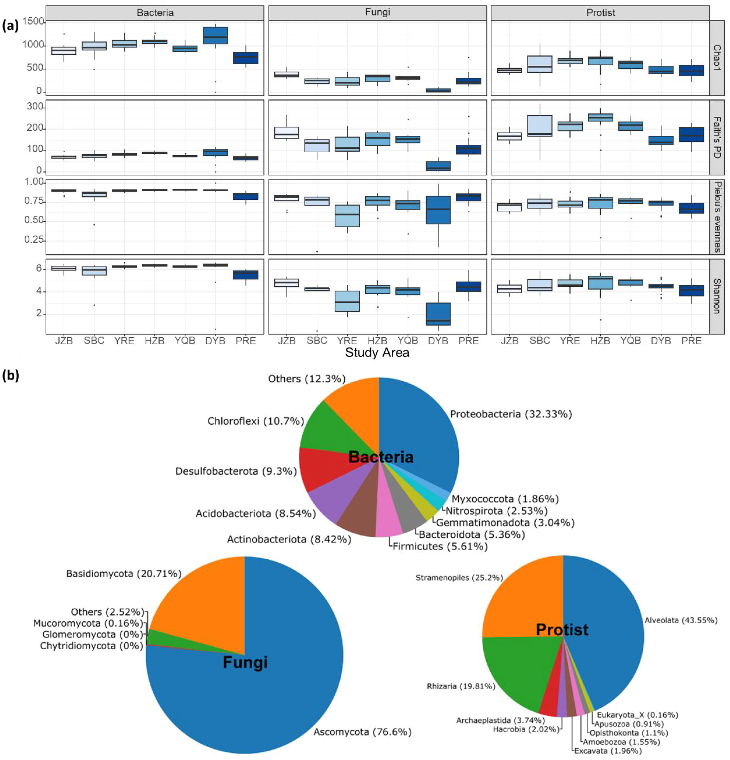 Box plots and pie charts depicting microbial diversity across different study areas. The box plots (a) show Chao1, Faith's PD, Pielou's evenness, and Shannon indices for bacteria, fungi, and protists. The pie charts (b) illustrate relative abundances of microbial groups: bacteria (Proteobacteria 32.33%, Others 12.3%), fungi (Ascomycota 76.6%, Basidiomycota 20.71%), and protists (Alveolata 43.55%, Stramenopiles 25.2%).