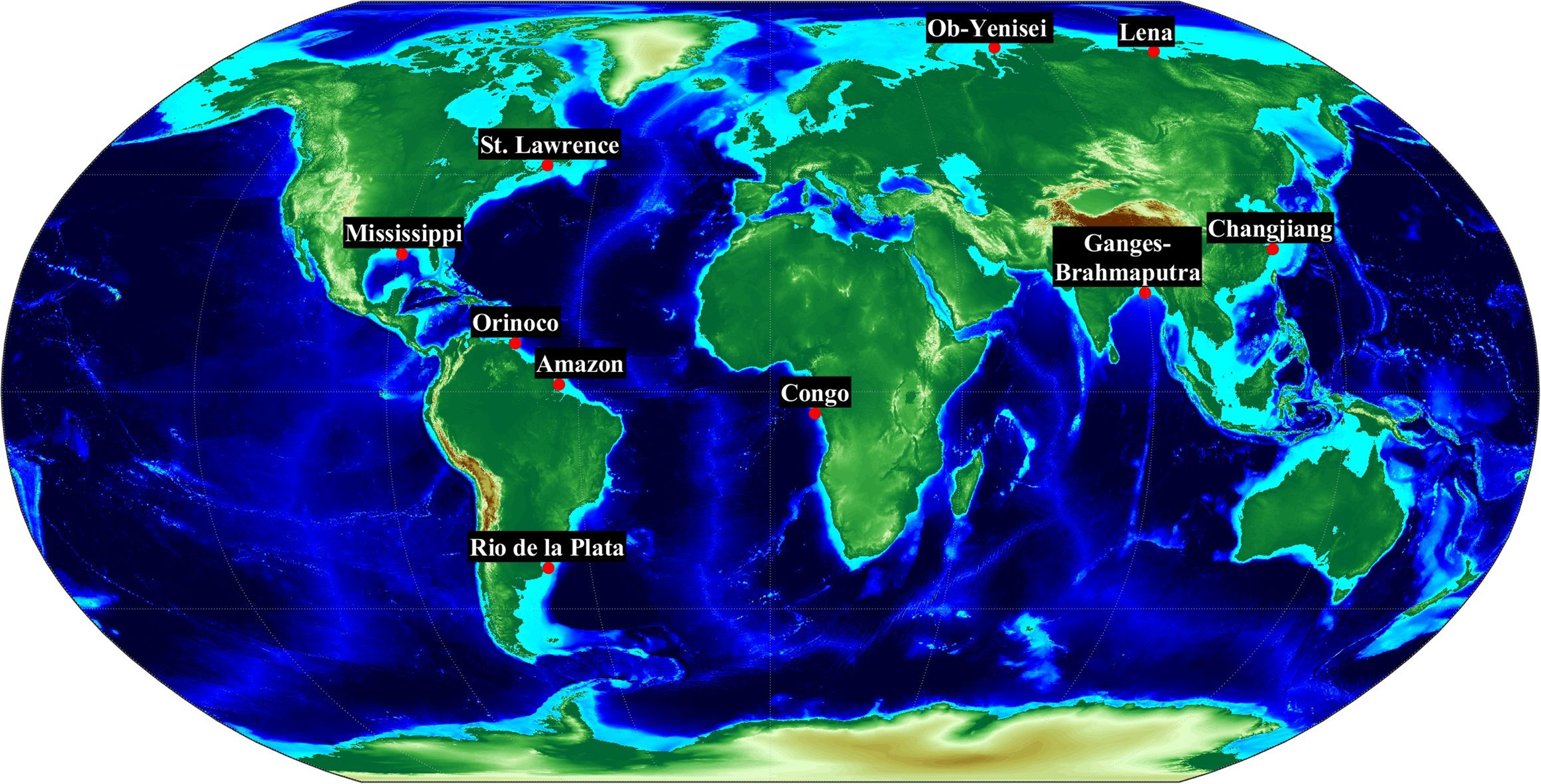 World map highlighting major river basins with labels: Mississippi, St. Lawrence, Orinoco, Amazon, Rio de la Plata, Congo, Ganges-Brahmaputra, Changjiang, Lena, and Ob-Yenisei. The continents are colored green, and oceans are shown in various shades of blue.