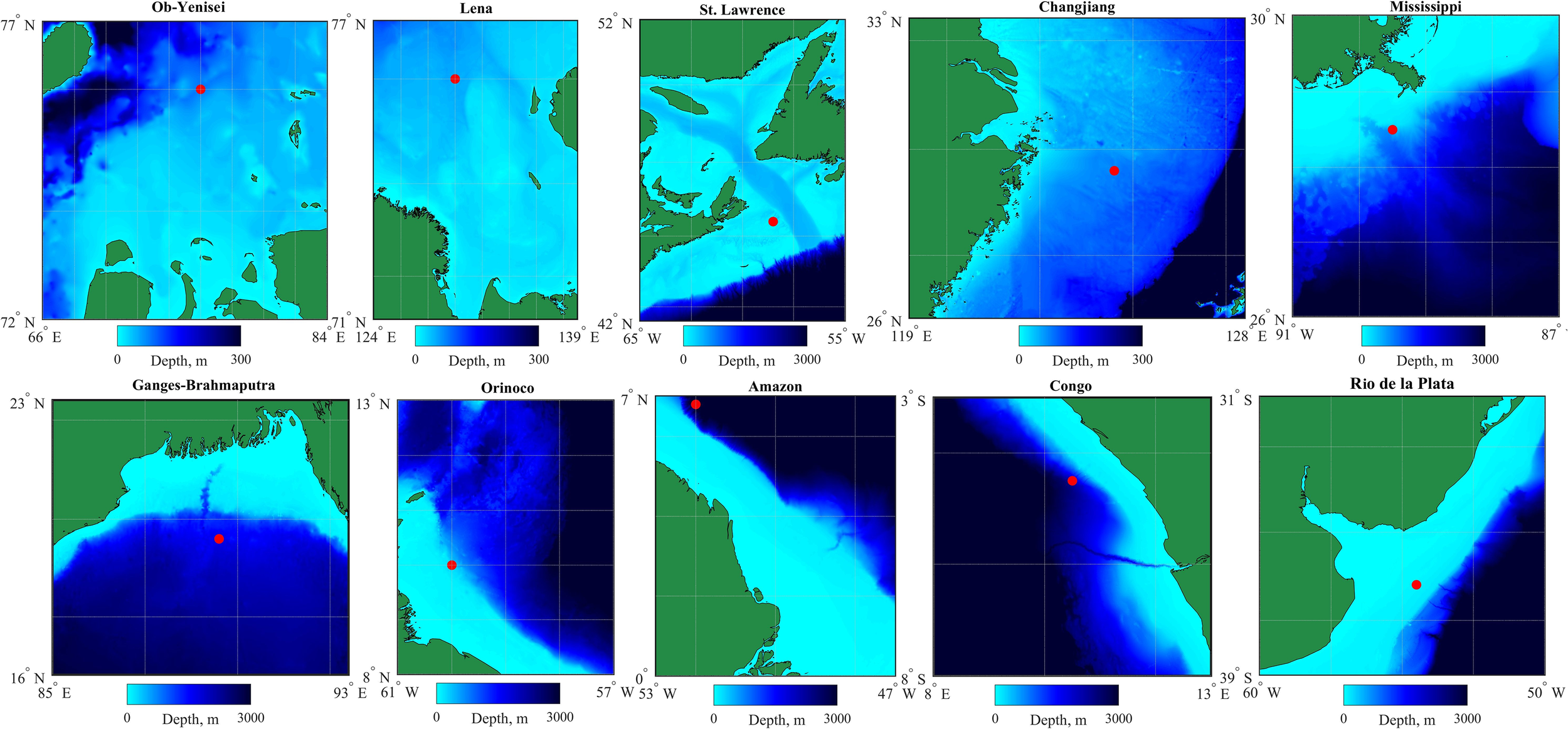 Maps of various river regions worldwide, each showing water depth using a blue gradient scale. The regions include Ob-Yenisei, Lena, St. Lawrence, Changjiang, Mississippi, Ganges-Brahmaputra, Orinoco, Amazon, Congo, and Rio de la Plata. A red dot appears in each map area, indicating a specific location. Depths range from zero to three thousand meters.