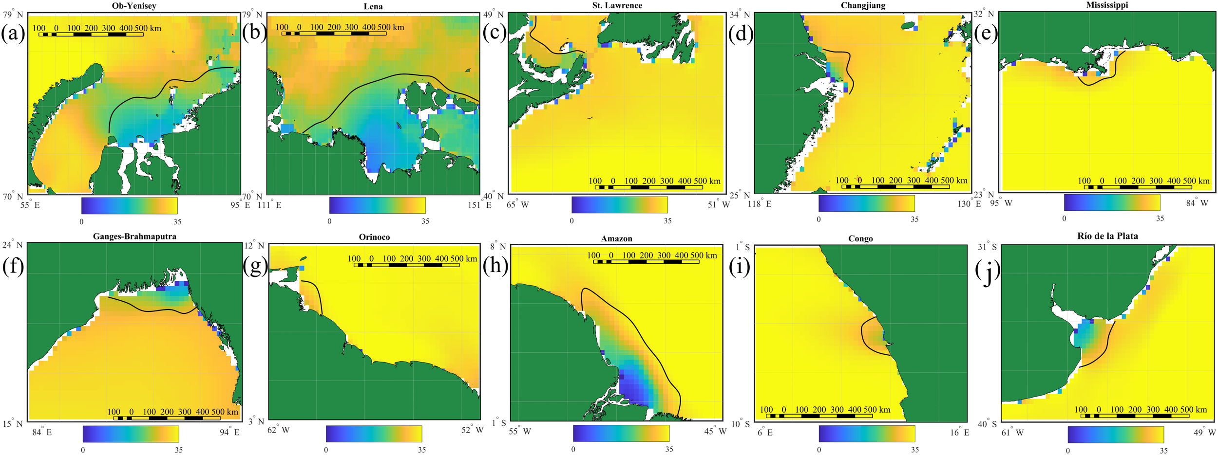 Map illustrations of river basins with color gradients representing distances from the river mouths. Panels show Ob-Yenisey, Lena, St. Lawrence, Changjiang, Mississippi, Ganges-Brahmaputra, Orinoco, Amazon, Congo, and RÃo de la Plata, each with a scale bar.