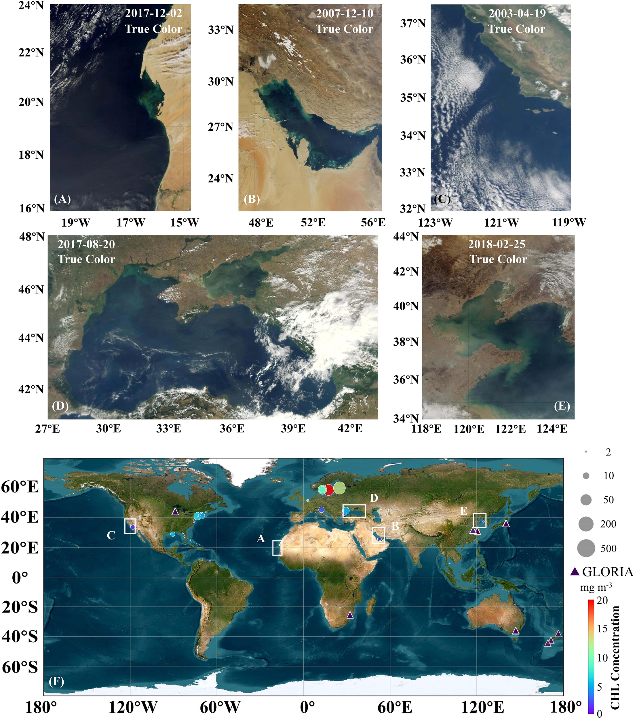 Satellite images showing different regions and dates of true color representations: (A) West African coast on 2017-12-02, (B) Persian Gulf on 2007-12-10, (C) US West Coast on 2003-04-19, (D) Black Sea on 2017-08-20, (E) East Asia on 2018-02-25. Below, a world map illustrates locations with circles and triangles indicating CHL (chlorophyll) concentration, using a color gradient and size scale.