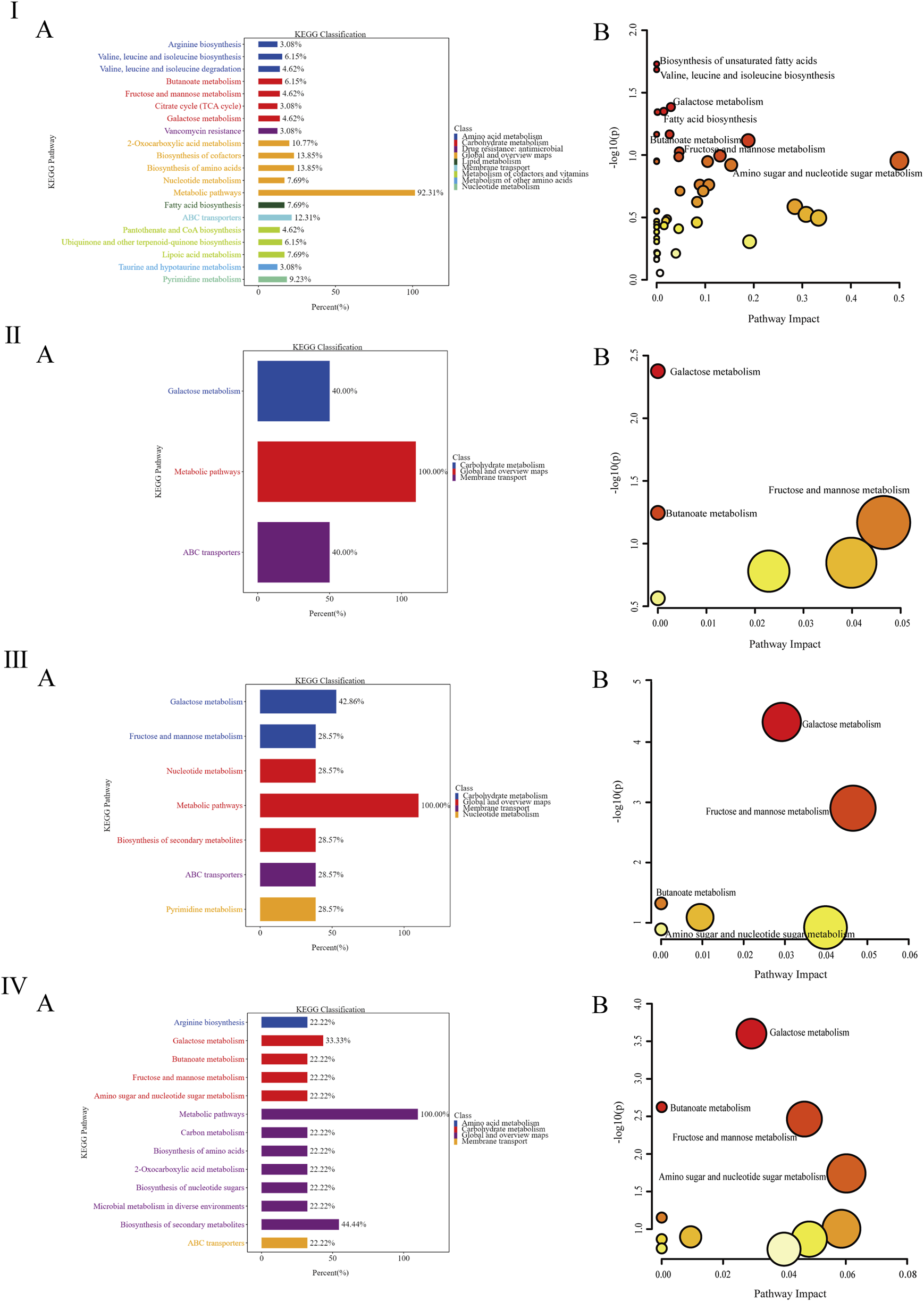 Panel I shows KEGG classification and pathway impact. Graph A is a bar chart highlighting metabolic pathways at 92.31 percent. Graph B is a bubble plot with galactose metabolism having significant impact. Panel II demonstrates similar charts with metabolic pathways at 100 percent in A, and bubble plot in B emphasizing galactose metabolism. Panels III and IV follow the same format, with III emphasizing metabolic pathways equally at 28.57 percent for multiple pathways in A, and galactose metabolism in B. Panel IV has metabolic pathways at 100 percent in A, and significant impact in galactose metabolism in B.