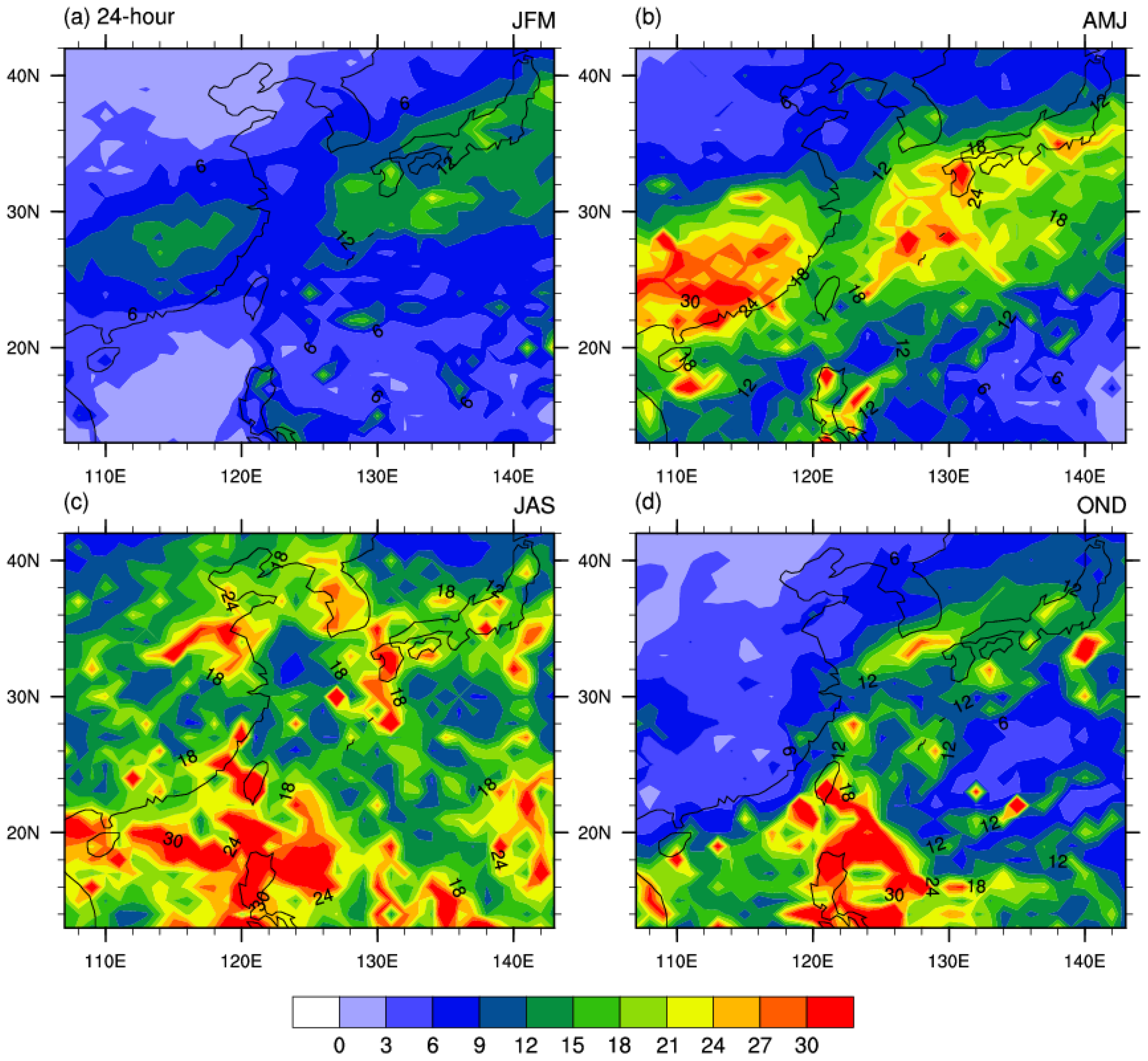 Four panels show seasonal color-coded weather maps for different periods: JFM, AMJ, JAS, OND, indicating variations in data intensity with values from zero to thirty. Color legend ranges from blue (low) to red (high).