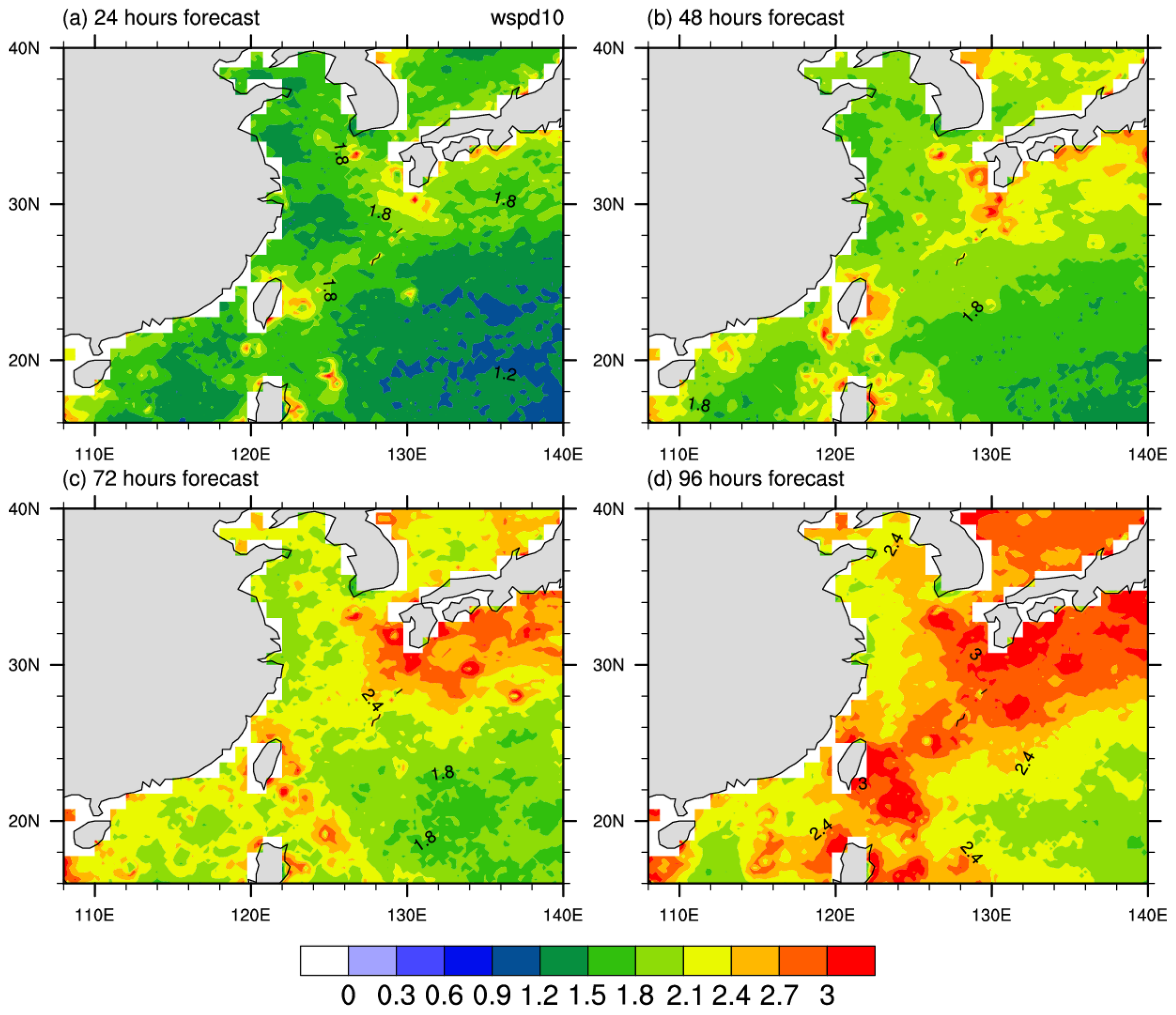 Four-panel map sequence showing wind speed forecasts over a region at 24, 48, 72, and 96 hours. Each panel displays color gradients from blue to red, indicating increasing wind speeds (0 to 3). The maps cover a latitude range of 20N to 40N and a longitude range of 110E to 140E.