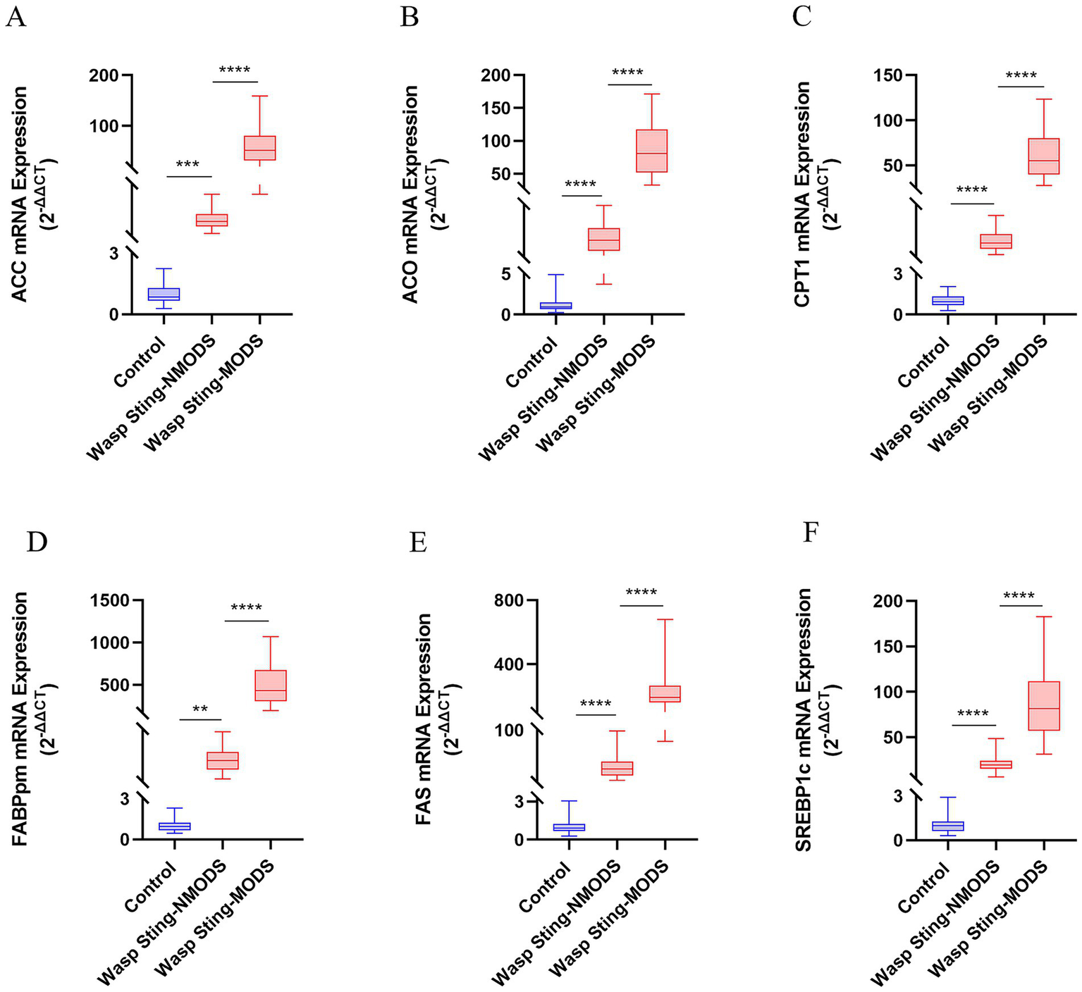 Box plots A to F display mRNA expression levels for ACC, ACO, CPT1, FABPpm, FAS, and SREBP1c. Each plot compares Control, Wasp Sting-NMODS, and Wasp Sting-MODS groups, showing increased expression in the sting-treated groups, especially MODS. Statistical significance is indicated with asterisks, where more asterisks imply higher significance.