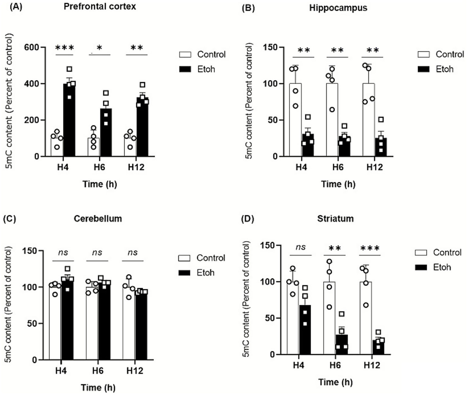 Bar graphs depict 5mC content as a percentage of control across four brain regions: (A) Prefrontal cortex shows significant differences between control and EtOH groups at H4, H6, and H12. (B) Hippocampus displays significant differences at H4, H6, and H12. (C) Cerebellum shows no significant variations. (D) Striatum exhibits significant differences at H6 and H12. Graphs compare control (white bars) and EtOH (black bars) groups. Statistical significance is indicated by asterisks.