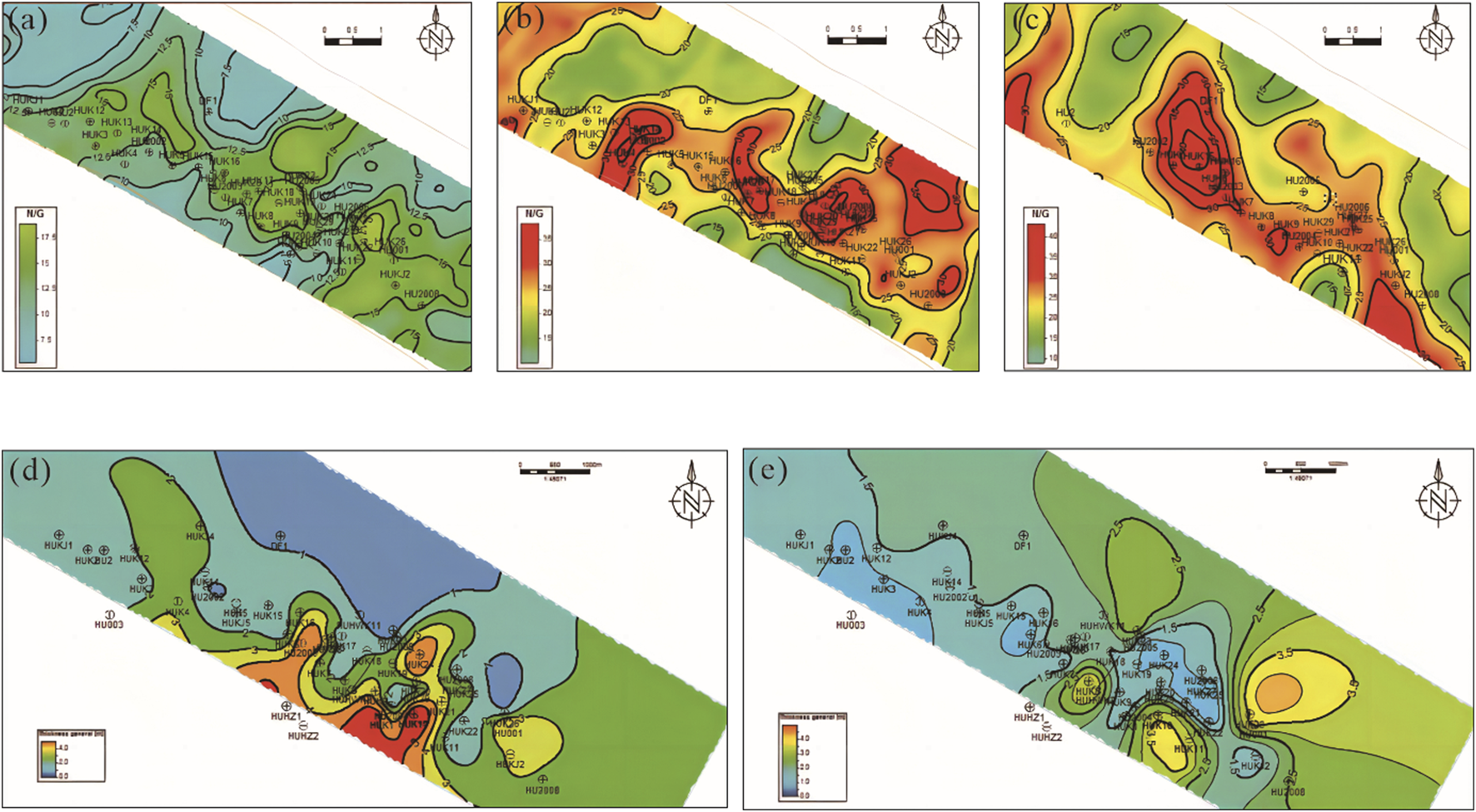 Five contour maps illustrating various geological features with color gradients and labeled measurement points. Maps (a), (b), and (c) showcase different intensity distributions, from green to red, indicating higher values. Maps (d) and (e) use blue, green, and red to denote geological variations, with detailed labels and scale indicators. Each map incorporates a north arrow for orientation and a scale bar for measurement reference.