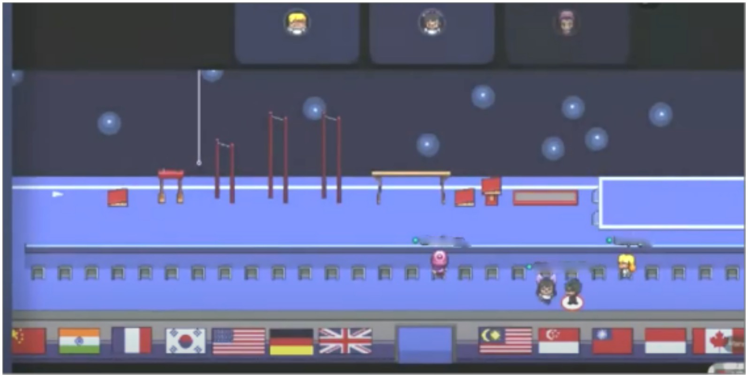 Pixel art style video game scene depicting a gym with equipment like parallel bars, ropes, and benches. Avatars are present on the track below, and various national flags are displayed along the bottom.