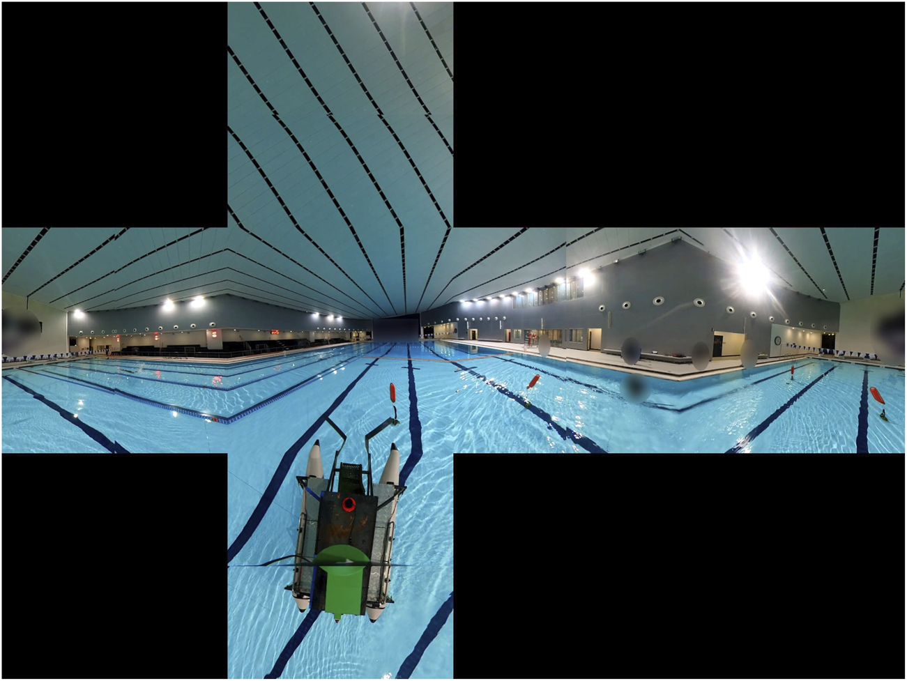 Indoor swimming pool with bright fluorescent lighting and clear blue water. Lane dividers are visible, along with a device floating in the foreground.