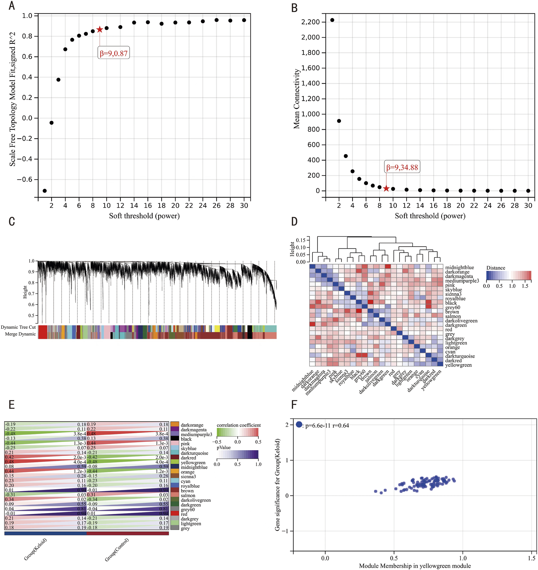A composite of six panels depicting data analysis results. Panel A: Scatter plot of scale-free topology model fit versus soft threshold power, with a highlighted point at beta equals nine, R squared equals zero point eight seven. Panel B: Scatter plot of mean connectivity versus soft threshold power, with a highlighted point at beta equals nine, value thirty four point eight eight. Panel C: Dendrogram showing dynamic tree cut clustering with colored module assignments. Panel D: Heatmap displaying module trait relationships with a color key. Panel E: Scatter plot of gene significance versus module membership in the yellow-green module, showing strong correlation.