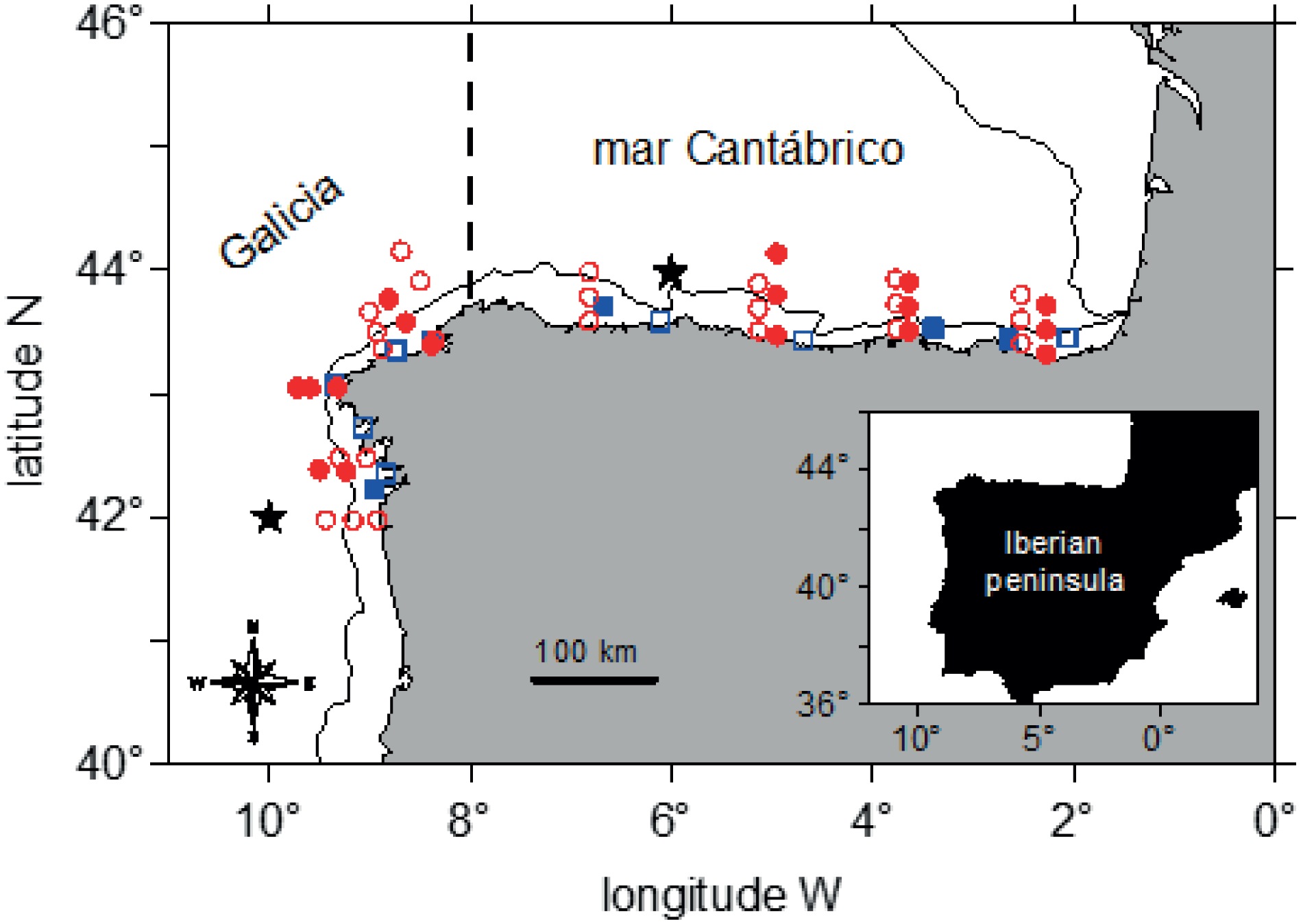 Map showing the northern coast of the Iberian Peninsula, detailing Galicia and the Cantabrian Sea. Various symbols, such as red circles and blue squares, indicate different locations. An inset map highlights the Iberian Peninsula's position. A compass rose and scale bar are included.