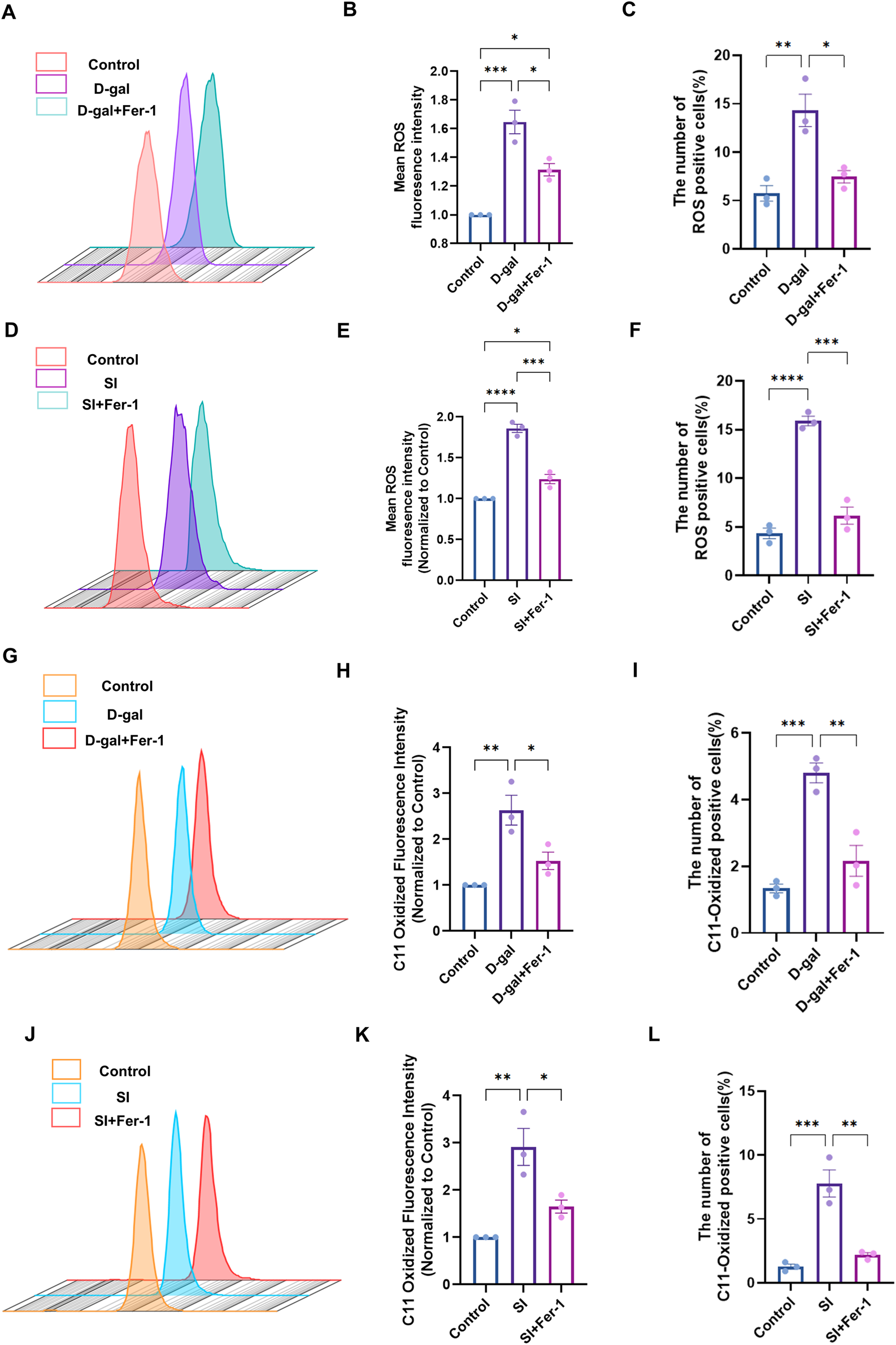 Panel of grouped data visualizations with flow cytometry histograms and bar graphs comparing control, D-gal, SI, and Fer-1 treatments. Metrics include mean ROS fluorescence intensity, number of ROS-positive cells, C11 oxidized fluorescence intensity, and percentage of C11-oxidized positive cells. Graphs show statistically significant increases in oxidative stress markers in D-gal and SI groups, partially reduced by Fer-1 treatment, with significance indicated by asterisks.