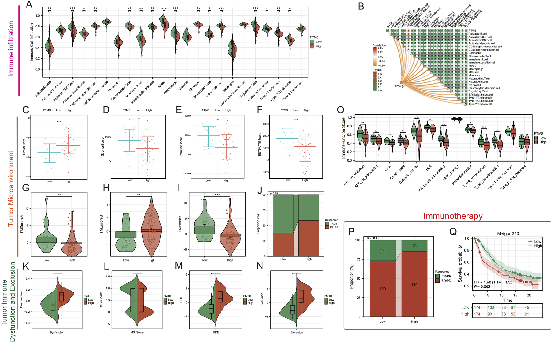 Various graphs and charts depicting data related to immune infiltration, tumor microenvironment, and immunotherapy outcomes. The figures include violin plots, box plots, and bar charts, comparing high and low PTMS levels across different immune cells and response factors. A survival probability graph shows differences in survival times between the groups. Correlation heatmaps and function scores highlight the statistical relevance of the data. These visualizations emphasize differences in immune response and therapy effectiveness based on PTMS levels.