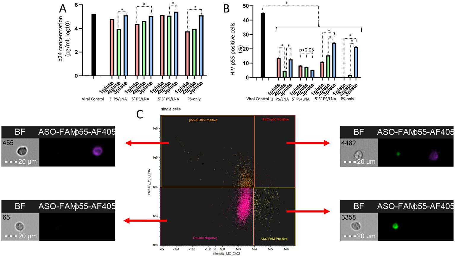 Bar graphs labeled A and B show p24 concentration and HIV p55 positive cell percentages across different conditions, highlighting significant differences with asterisks. Part C displays microscopy images with labeled single cells and a scatter plot categorizing cells into four quadrants: p55-AF405 Positive, ASO+p55 Positive, Double Negative, and ASO-FAM Positive. Red arrows link images to scatter plot regions, illustrating cell classifications. Bright field (BF) and fluorescent images accompany these data, showing cell markers with scale bars indicating size.