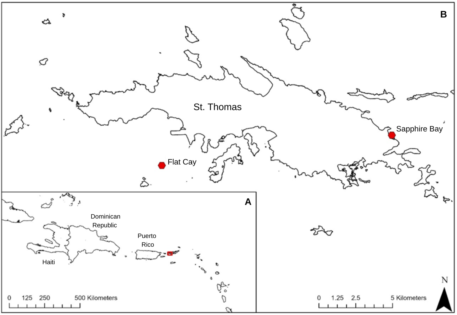 Map showing St. Thomas with marked locations of Flat Cay and Sapphire Bay, depicted with red dots. An inset map displays the Caribbean, highlighting the positions of Haiti, the Dominican Republic, and Puerto Rico relative to St. Thomas. A scale is included for reference.