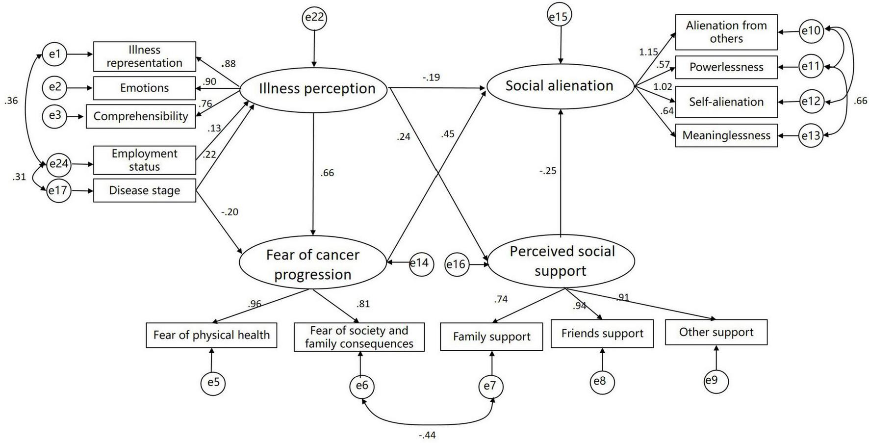 Diagram showing relationships between different factors affecting illness perception, fear of cancer progression, and social support. Illness perception is influenced by illness representation, emotions, comprehensibility, employment status, and disease stage. Fear of cancer progression is connected to fears about physical health and socio-family consequences. Social alienation relates to alienation from others, powerlessness, self-alienation, and meaninglessness. Perceived social support encompasses family, friends, and other supports, impacting social alienation and fear of progression. Various numerical path coefficients indicate the strength and direction of these relationships.