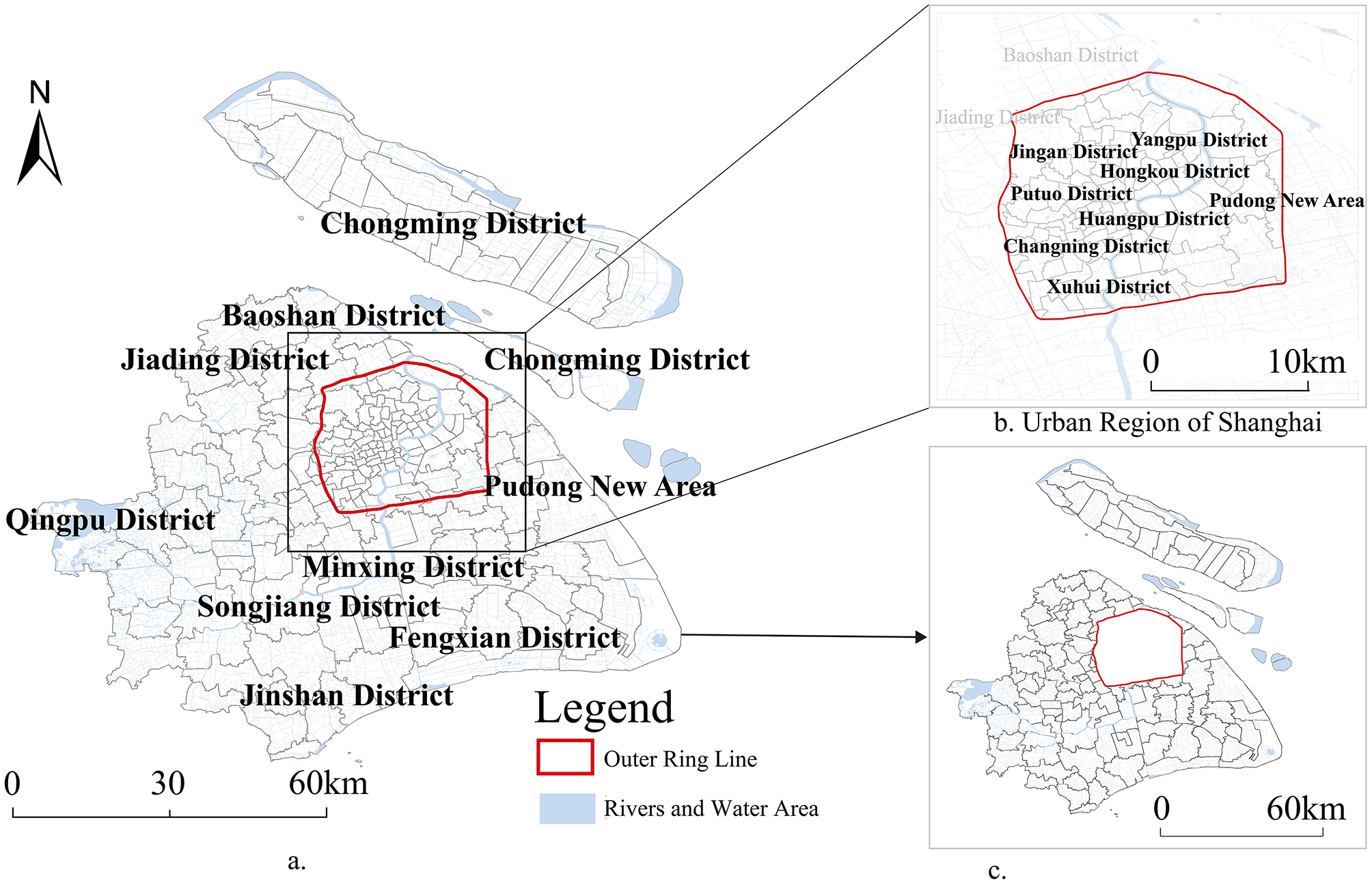 Map of Shanghai showing the location of various districts. The main map highlights districts like Chongming, Baoshan, Jiading, and Pudong New Area, with a red line indicating the outer ring line. Insets focus on the urban region, detailing districts such as Yangpu, Jing'an, and Huangpu, and the rural region. Blue areas represent rivers and water bodies. A legend and scale bars are included.