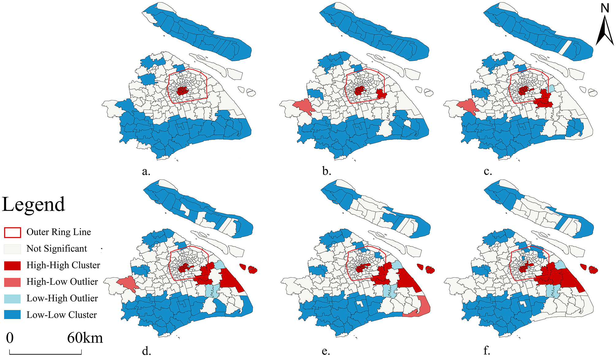 Six maps of an area from March 2016 to March 2021 show clusters and outliers using color codes. Areas are marked with an outer ring line, high-high clusters in red, low-low clusters in blue, and other patterns. The maps show spatial patterns over time with a consistent legend and directional arrow, and a distance scale indicating 60 kilometers.