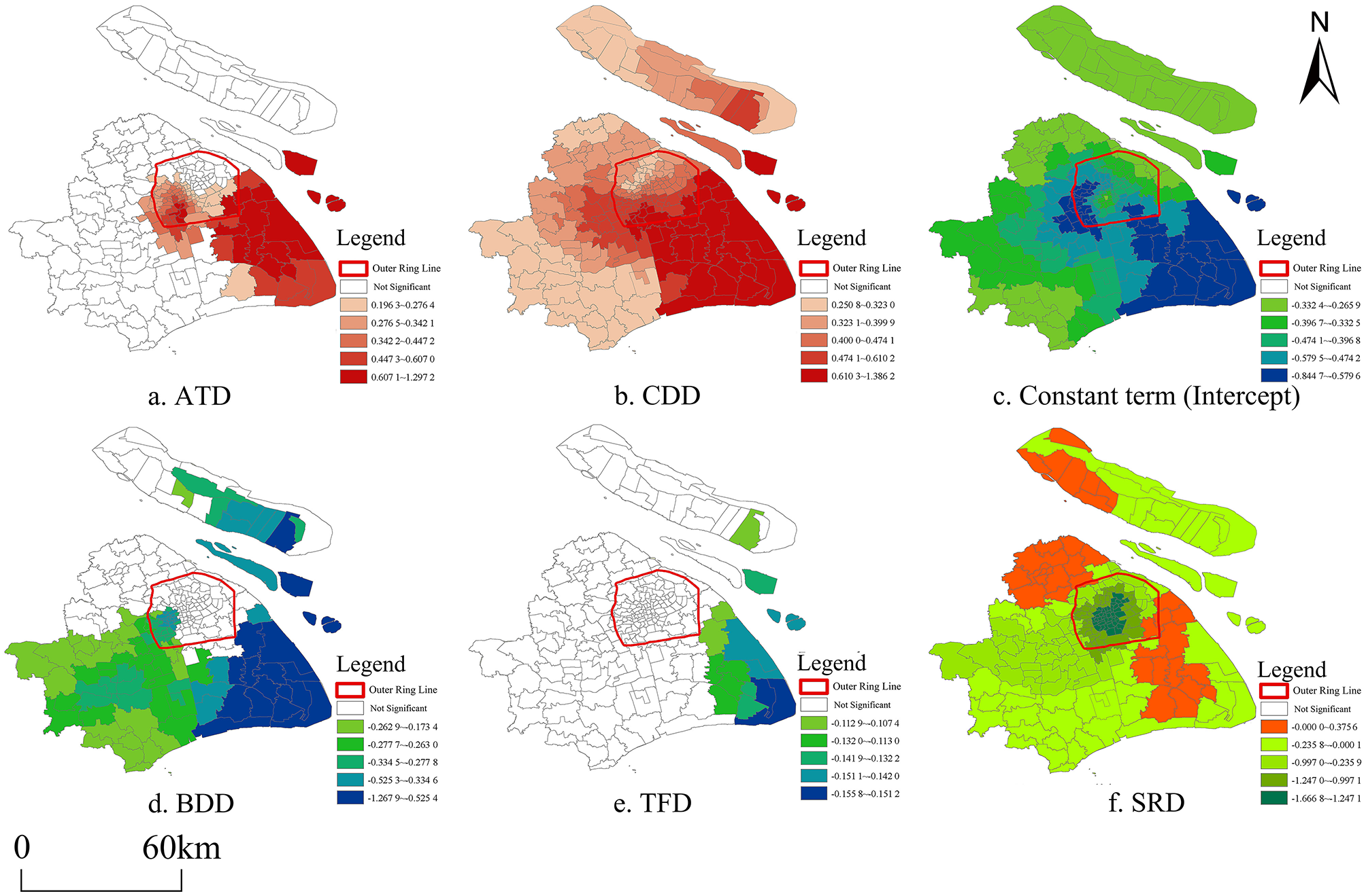 Six maps displaying spatial data for various metrics over a geographic area, each with a labeled section and a legend. A: ATD, using shades of red; B: CDD, darker reds; C: Constant term, blues to greens; D: BDD, blues to green; E: TFD, greens to blue; F: SRD, greens to reds. Legends indicate significance levels, with an outer ring line highlighted. A north arrow and scale bar at 60 kilometers are included.