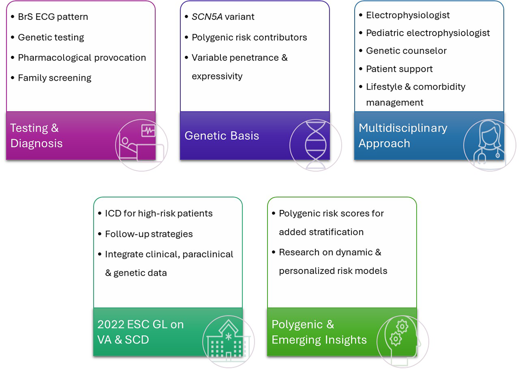 Five sections highlight aspects of a healthcare approach: \"Testing & Diagnosis\" with ECG patterns and genetic testing, \"Genetic Basis\" covering SCN5A variants, \"Multidisciplinary Approach\" including specialists and patient support, \"2022 ESC GL on VA & SCD\" focusing on ICD and data integration, and \"Polygenic & Emerging Insights\" with risk scores and personalized models.