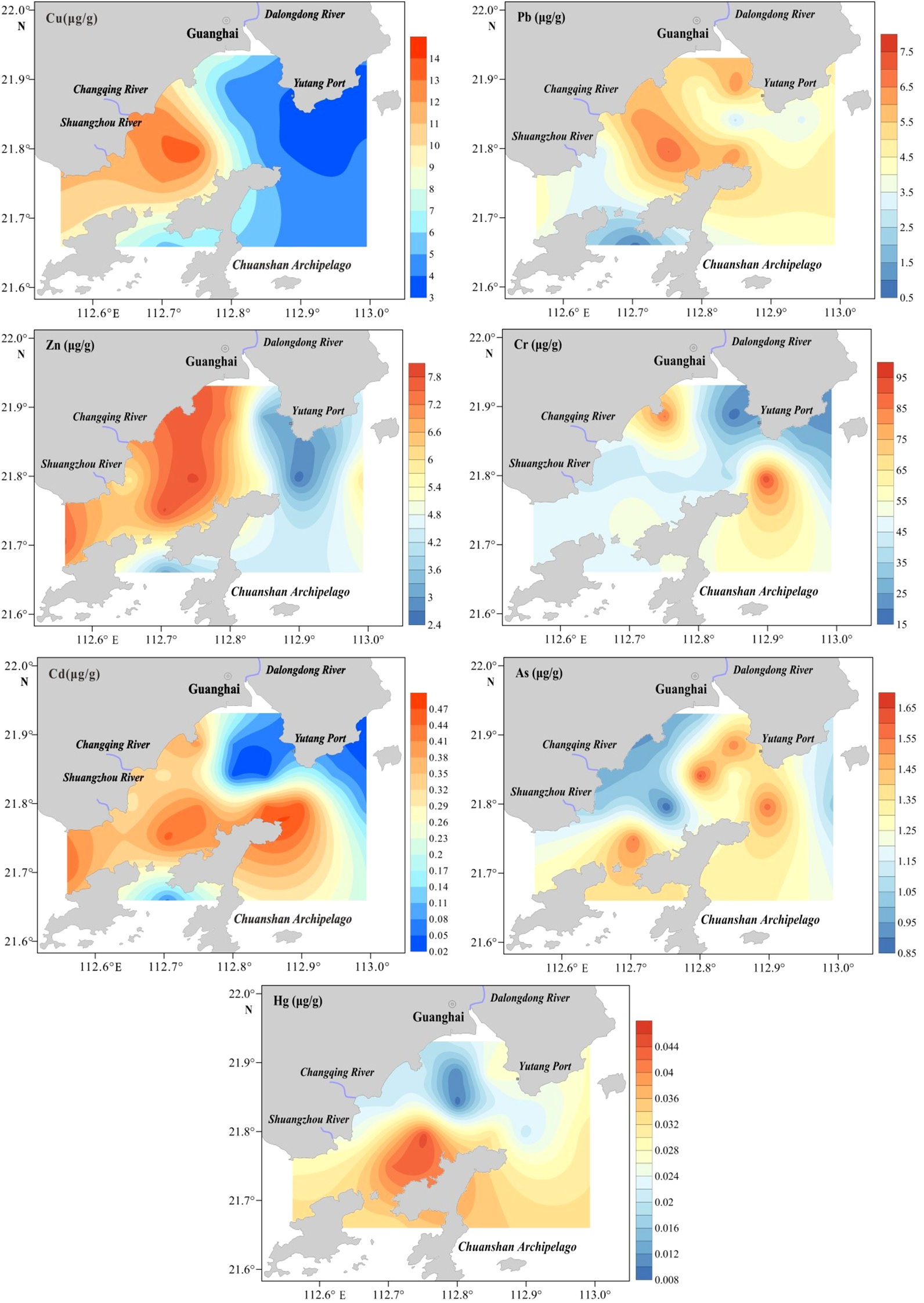 Set of thematic maps displaying the spatial distribution of various metal concentrations (Cu, Pb, Zn, Cr, Cd, As, Hg) in micrograms per gram across a geographic region. Each map features color gradients indicating concentration levels, with red representing higher values and blue representing lower ones. Key locations such as Guanghai, Dalongdong River, Yutang Port, Changxing River, Shuangchou River, and Chuanshan Archipelago are marked. Each map includes a color scale for reference.