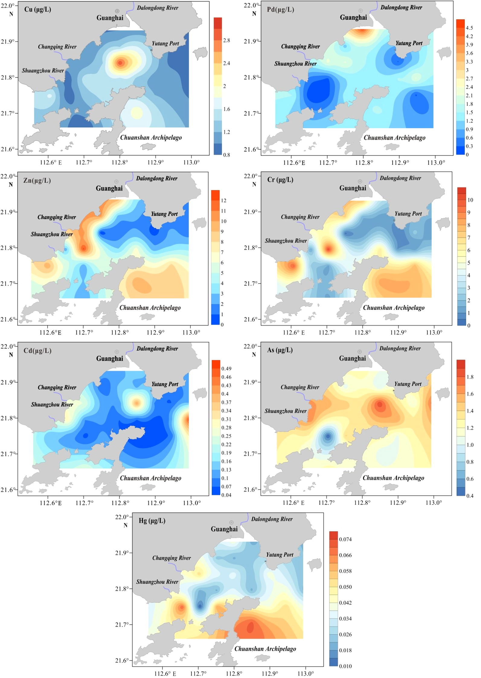 Seven heat maps display concentrations of different metals in the waters near Guanghai and Chuanshan Archipelago. Each map shows varying levels of metal concentration, indicated by color gradients from blue (low) to red (high). The maps illustrate concentrations for Copper (Cu), Lead (Pd), Zinc (Zn), Chromium (Cr), Cadmium (Cd), Arsenic (As), and Mercury (Hg). Prominent geographic features include the Dalongdong River, Yutang Port, Shuangzhou River, and Changqing River. Each map includes a north arrow, latitude and longitude markers, and a color scale indicating concentration levels in micrograms per liter.