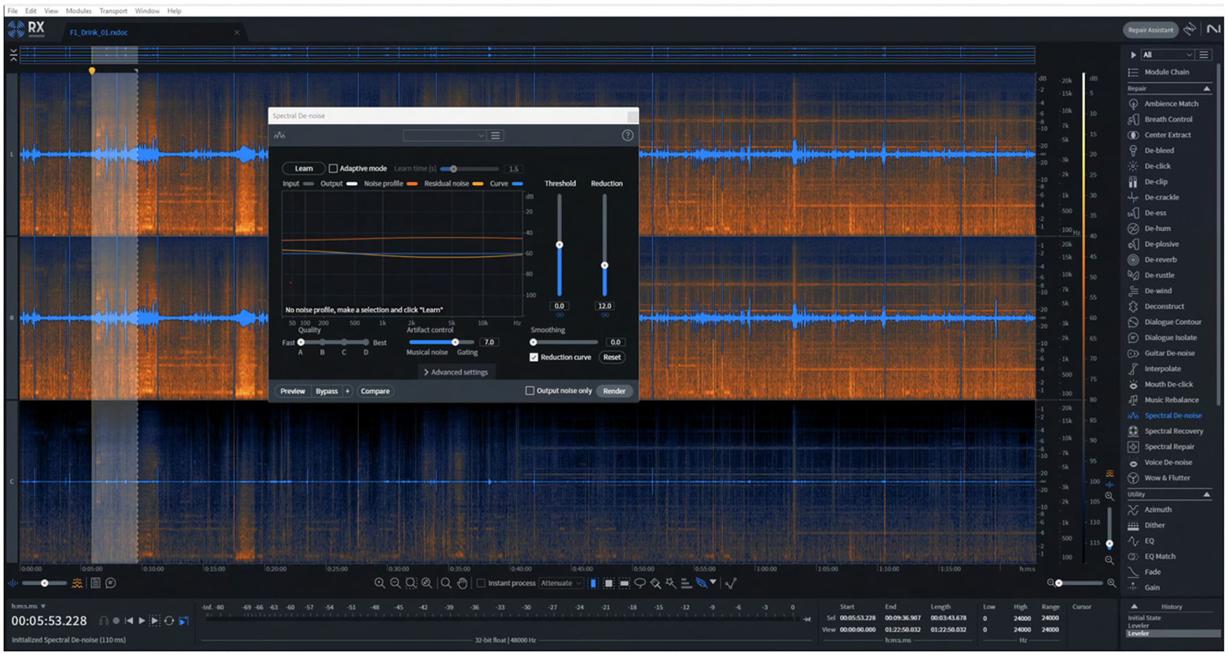 A screenshot from iZotope RX shows spectral denoising applied to a cow vocalization. The upper panel displays the original spectrogram with broadband background noise from barn machinery. The lower panel shows the same signal after spectral denoising, with reduced low-frequency hum and high-frequency hiss while preserving vocal harmonic structure. The comparison illustrates improved signal clarity for acoustic feature extraction.