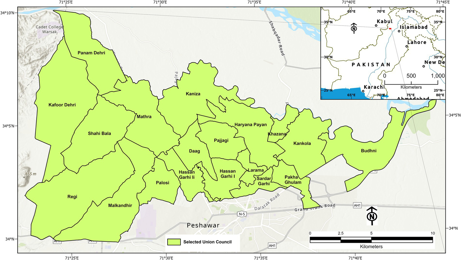 Map of Peshawar showing various union councils in light green, including Kankola, Mathra, and Regi, among others. An inset map of Pakistan's location is present in the top right corner. Major roads and coordinates are also labeled.