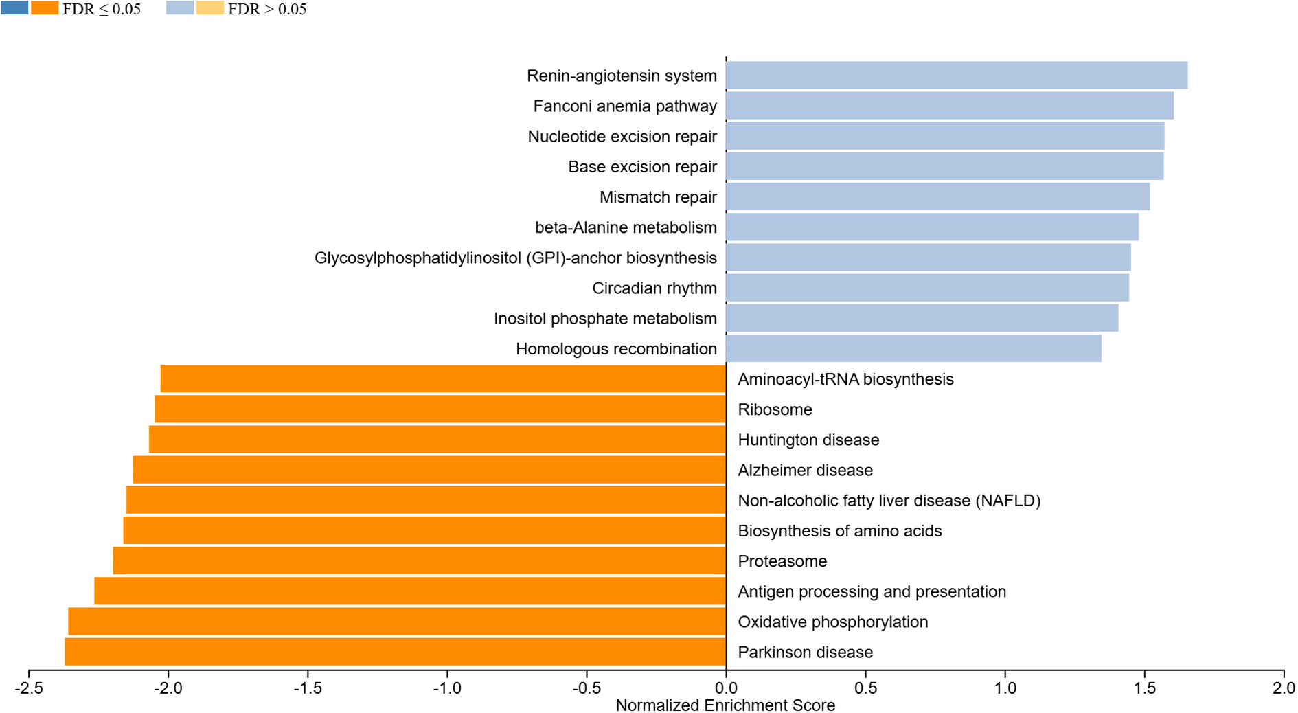 Horizontal bar chart of normalized enrichment scores for various KEGG pathways with positive and negative normalized enrichment scores (NES). Blue bars indicate processes with positive NES, including renin-angiotensin system and Fanconi anemia pathway. Orange bars on the left, include aminoacyl-tRNA biosynthesis and ribosome pathways. The x-axis represents normalized enrichment scores ranging from -2.5 to 2.0. Dark blue or dark orange bars indicate a significant over-represented term (FDR less than or equal to 0.05).