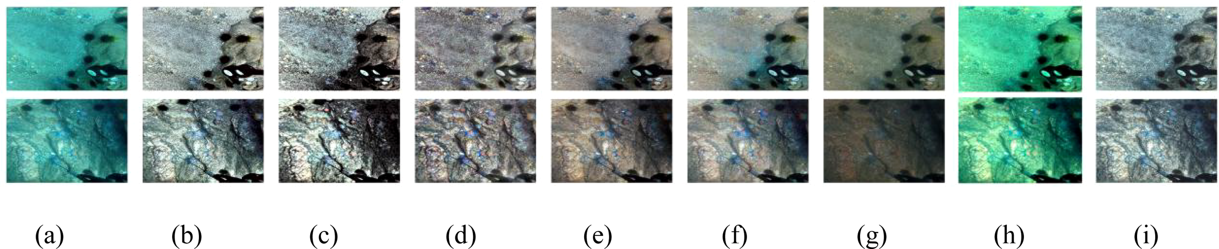 Nine images labeled (a) to (i) show different undersea scenes with varying clarity and color tones. The top row features images with sandy textures and dark spots while the bottom row displays rocky surfaces with textured patterns. Each panel captures different lighting and color variations, ranging from greens to grays and blues.