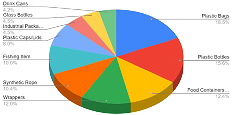 Pie chart showing various litter items found on beaches by percentage. Plastic bags account for 18.5%, plastic bottles 15.6%, food containers 12.4%, wrappers 12%, synthetic rope 10.4%, fishing items 10%, plastic caps/lids 8%, industrial packaging 4.5%, glass bottles 4.5%, and drink cans 4.2%.