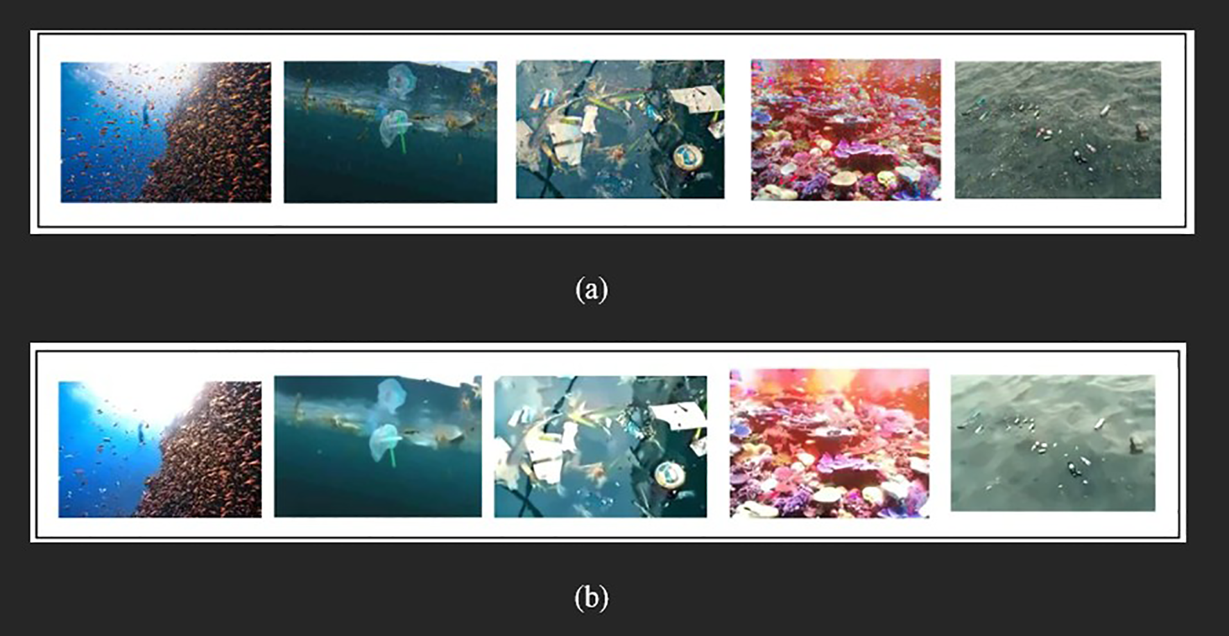Figure 3 consists of two panels labeled (a) and (b). Panel (a) shows the original images of ocean scenes. Panel (b) shows the corresponding preprocessed images of the same scenes, with enhancements such as noise removal and color normalization that improve image clarity and highlight feautures for analysis.