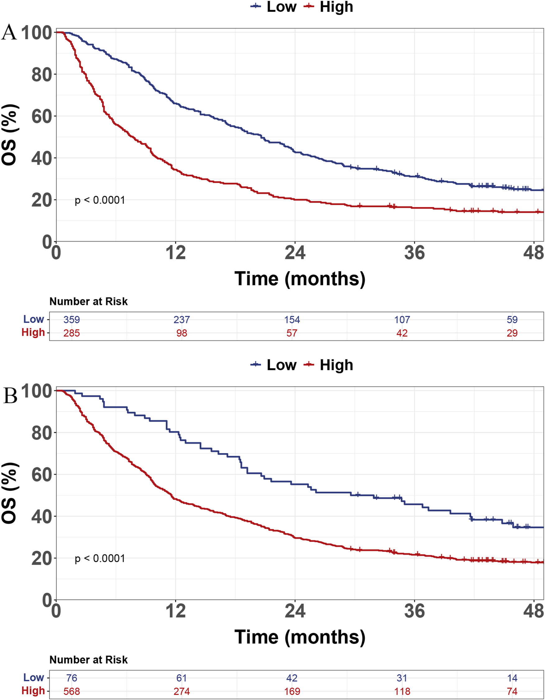 Two Kaplan-Meier survival curves comparing overall survival (OS) percentages between low and high groups over time. Graph A shows separate curves for low (blue) and high (red) groups, with significant differences (p < 0.0001). The number at risk decreases over 48 months. Graph B also depicts low (blue) and high (red) survival curves, again showing significant differences (p < 0.0001) over the same period, with a table indicating decreasing numbers at risk.
