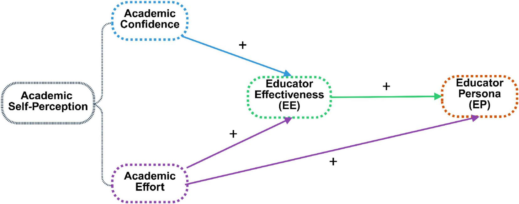 Diagram depicting relationships between educational concepts. “Academic Self-Perception” influences “Academic Confidence” and “Academic Effort.” “Academic Confidence” and “Academic Effort” affect “Educator Effectiveness (EE),” leading to “Educator Persona (EP).” Arrows indicate positive relationships.