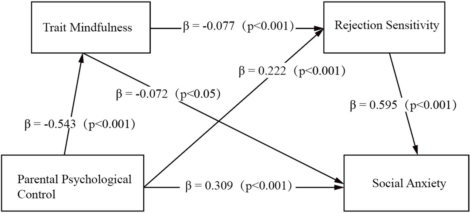 A diagram illustrating relationships between Trait Mindfulness, Parental Psychological Control, Rejection Sensitivity, and Social Anxiety. Arrows indicate paths with beta values and significance levels. Mindfulness negatively affects Rejection Sensitivity and Psychological Control. Rejection Sensitivity positively influences Social Anxiety. Psychological Control negatively affects Mindfulness but positively influences Social Anxiety. All correlations are statistically significant.
