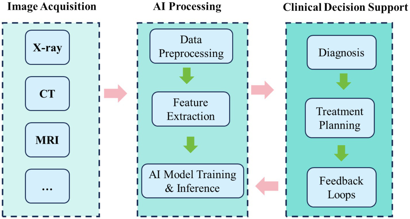 Flowchart illustrating a three-step process for clinical decision support using AI. The first step, "Image Acquisition," includes X-ray, CT, and MRI. The second step, "AI Processing," involves data preprocessing, feature extraction, and AI model training and inference. The third step, "Clinical Decision Support," consists of diagnosis, treatment planning, and feedback loops. Each step is connected by arrows.