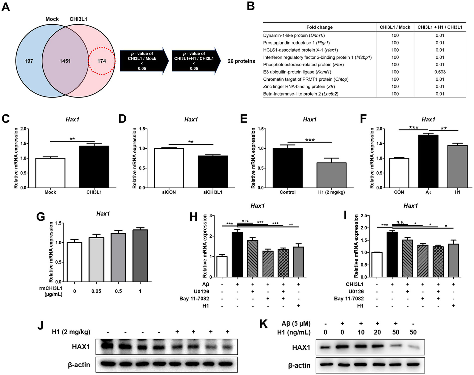 A composite image showing multiple charts and data related to CHI3L1 and Hax1 expression. A) A Venn diagram with overlapping regions indicating protein interactions. B) A table listing proteins with fold changes. C-I) Bar graphs displaying relative mRNA expression levels of Hax1 under various conditions, with statistical significance markers. J-K) Western blot images showing HAX1 and β-actin protein bands under different treatments. Each section provides insights into CHI3L1's impact on Hax1 expression through various experiments.
