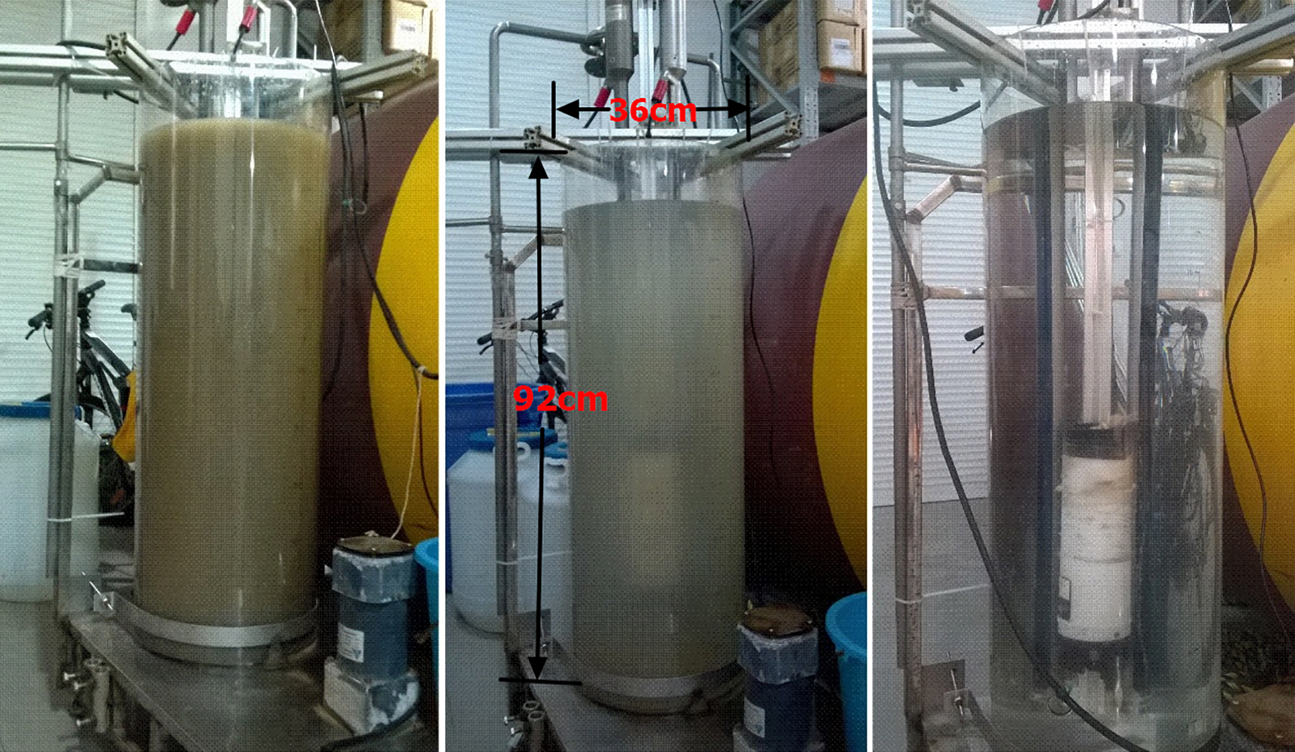 Three-panel image showing a cylindrical laboratory setup with varying contents. The first panel displays a cylinder filled with a murky liquid. The second panel shows the same setup with a clearer liquid, marked with dimensions 36 centimeters wide and 92 centimeters tall. The third panel reveals internal components like wires and probes within a less opaque liquid, with an electric motor visible at the base.