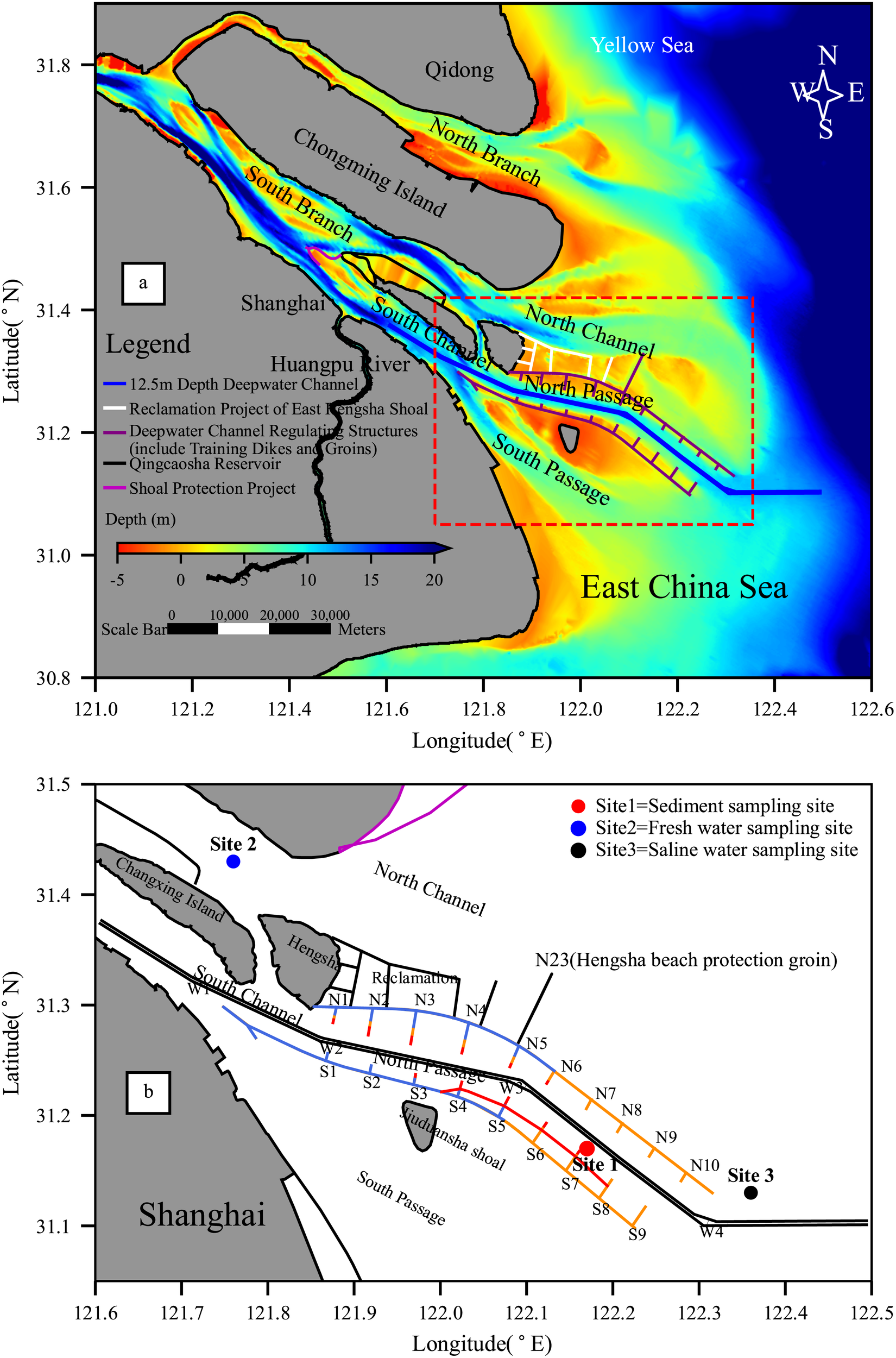 Map showing the Yangtze River Delta in China. The top panel depicts depth variations and engineering projects, including deepwater channels, reclamation projects, and shoal protection. The lower panel illustrates sampling sites for sediment, fresh water, and saline water, identified as Site 1, Site 2, and Site 3, respectively. Key locations such as North Channel, South Passage, and Shanghai are marked. Depths range from negative five meters to over twenty meters, indicated by a color gradient. A compass rose and scale bar are included.