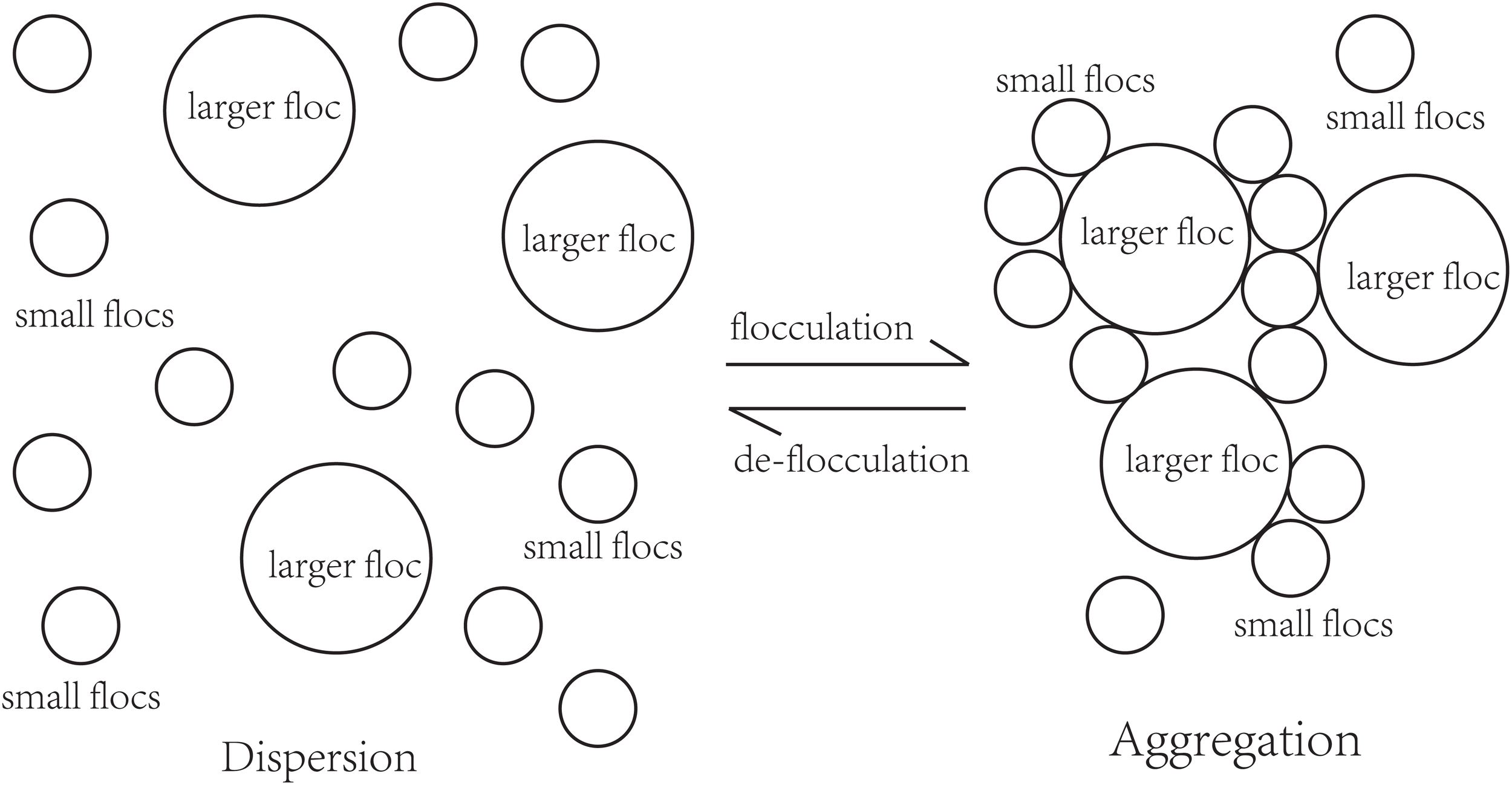 Diagram illustrating the process of flocculation and deflocculation. On the left, labeled “Dispersion,” small and larger floc particles are separated. On the right, labeled “Aggregation,” these particles are clustered together. Arrows indicate the direction of flocculation and deflocculation between the two states.