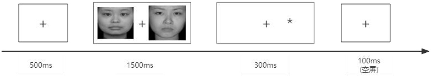 Diagram illustrating a sequence of visual stimuli. Starts with a cross for five hundred milliseconds, followed by two face images for one thousand five hundred milliseconds. Then a cross with an asterisk for three hundred milliseconds, ending with a blank screen for one hundred milliseconds.