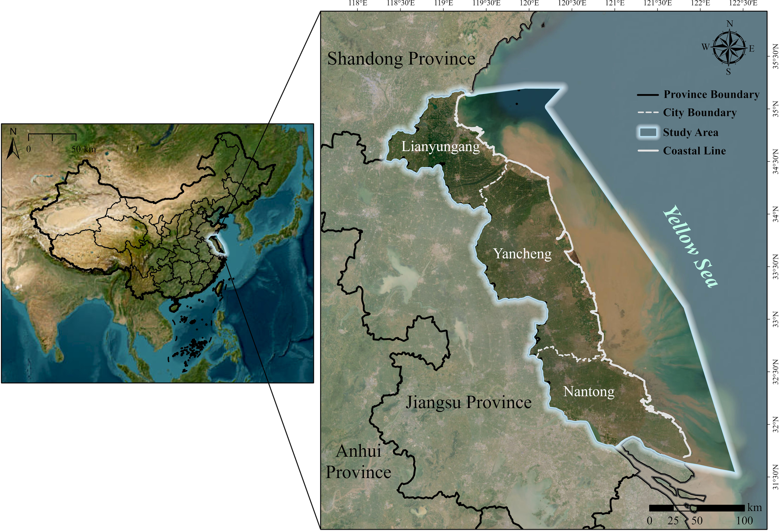 Map showing a section of China bordering the Yellow Sea, highlighting parts of Jiangsu Province. The study area is delineated with cities Lianyungang, Yancheng, and Nantong marked. Province and city boundaries are indicated. An inset map displays the location within China.