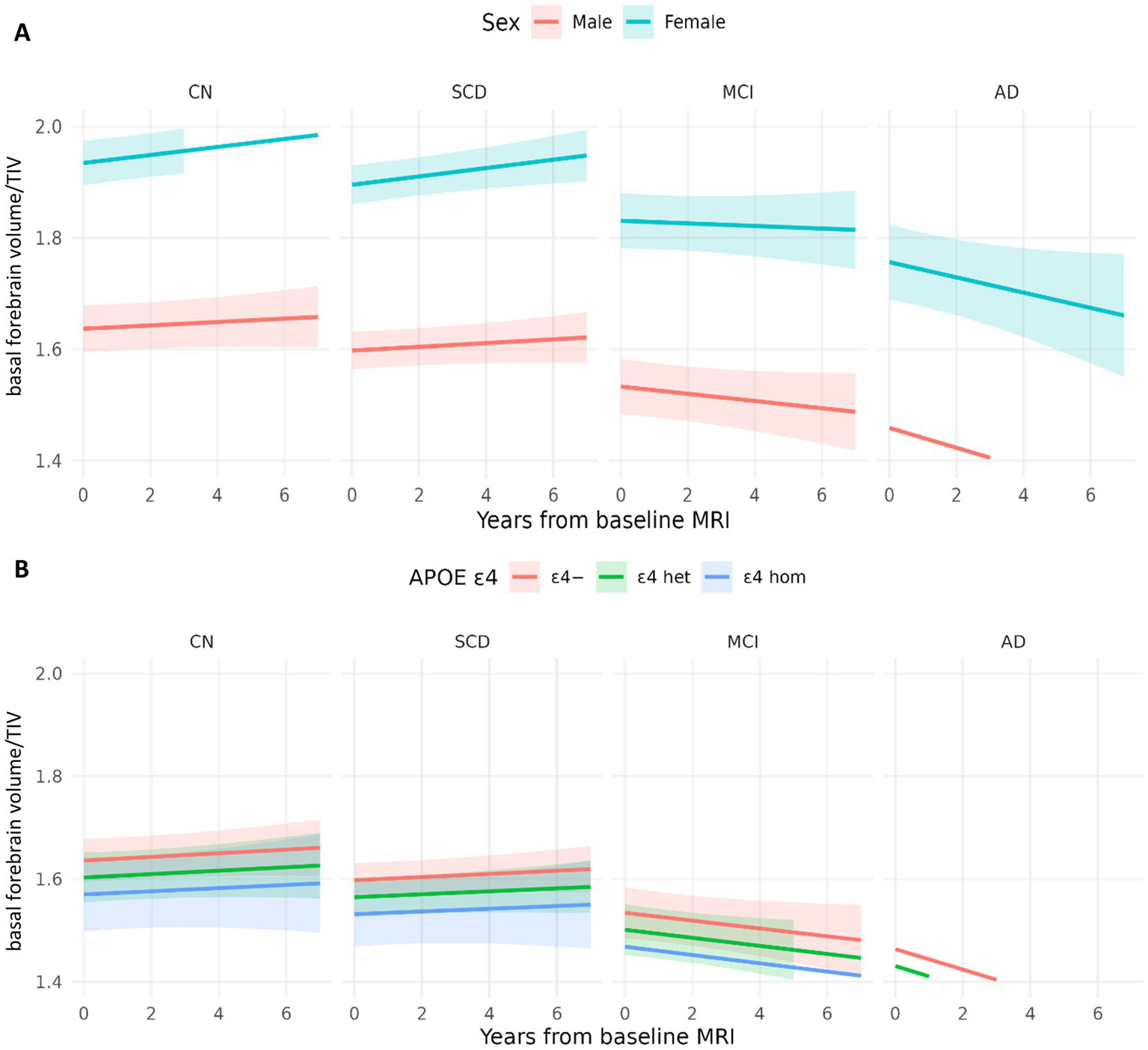 Two line graphs show basal forebrain volume over years from baseline MRI. Graph A compares sex, with male (blue) and female (red) lines. Graph B compares APOE ε4 genotypes: ε4- (red), ε4 het (green), and ε4 hom (blue). The x-axis represents years, and the y-axis shows basal forebrain volume normalized to TIV. Both graphs display data for categories: CN, SCD, MCI, and AD. Male and ε4 hom show less decline in AD than female and ε4-.