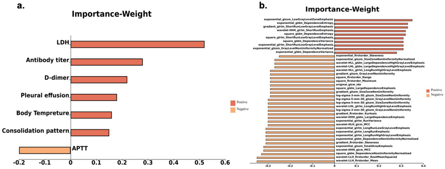 Two bar graphs labeled "Importance-Weight." Graph a shows seven features with positive and negative weights: LDH, Antibody titer, D-dimer, Pleural effusion, Body Temperature, Consolidation pattern, and APTT. Graph b displays numerous features with positive and negative weights, dominated by factors like "exponential_glszm_LowGrayLevelZoneEmphasis". The legend indicates positive weights in red and negative weights in orange.