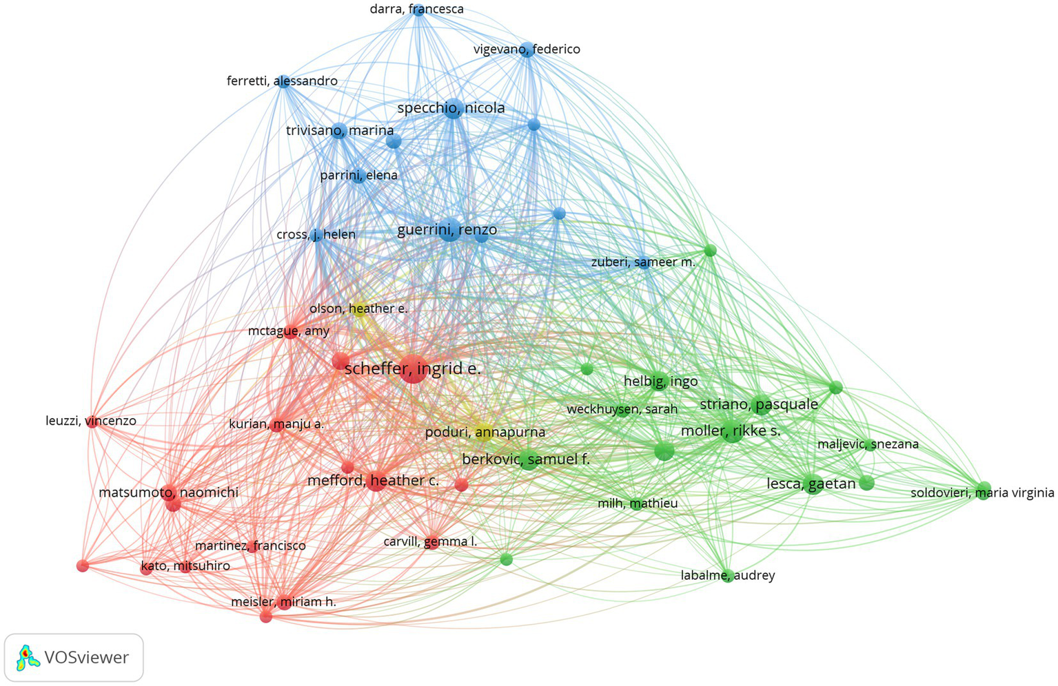 Network diagram showing connections between authors in three colored clusters: red, blue, and green. Key nodes include "scheffer, ingrid e." and "berkovic, samuel f." in red, "specchio, nicola" in blue, and "helbig, ingo" in green. Lines indicate collaboration or related work. Created with VOSviewer.