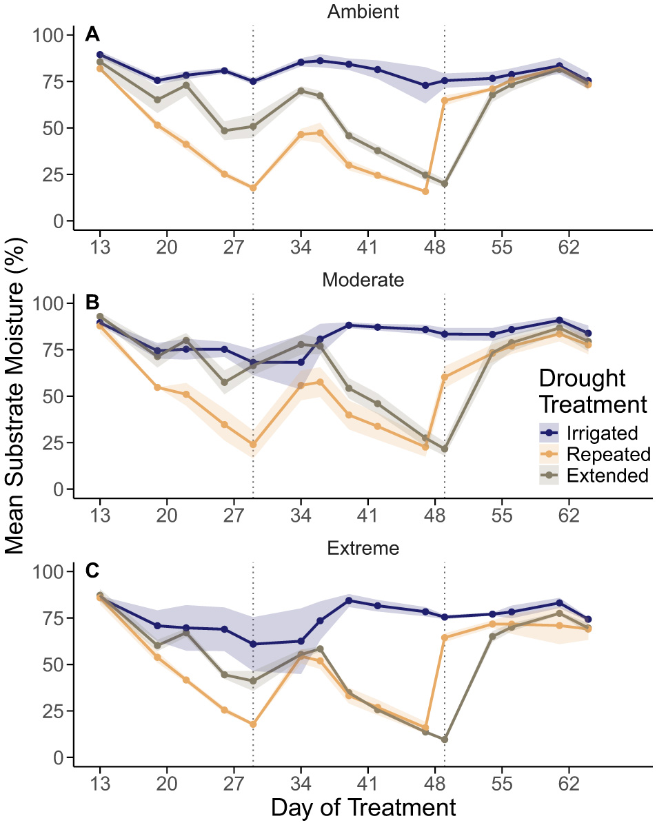 Line graphs labeled A, B, and C show mean substrate moisture percentages over days of treatment under ambient, moderate, and extreme conditions. Three colored lines represent different drought treatments: blue for irrigated, gray for repeated, and orange for extended. Moisture levels fluctuate, with extended treatment consistently showing lower levels across all conditions. Each graph shows variations in response to treatments over time, with irrigated lines generally maintaining higher moisture levels.